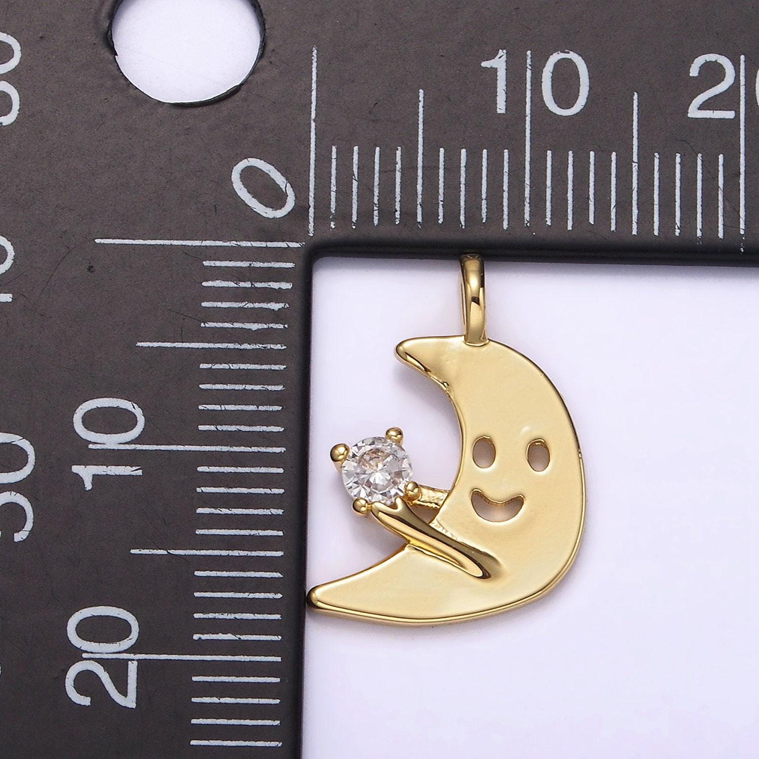 14k gold filled happy faced celestial crescent moon cz charm kids jewelry add on charm bracelet charm | n-1880