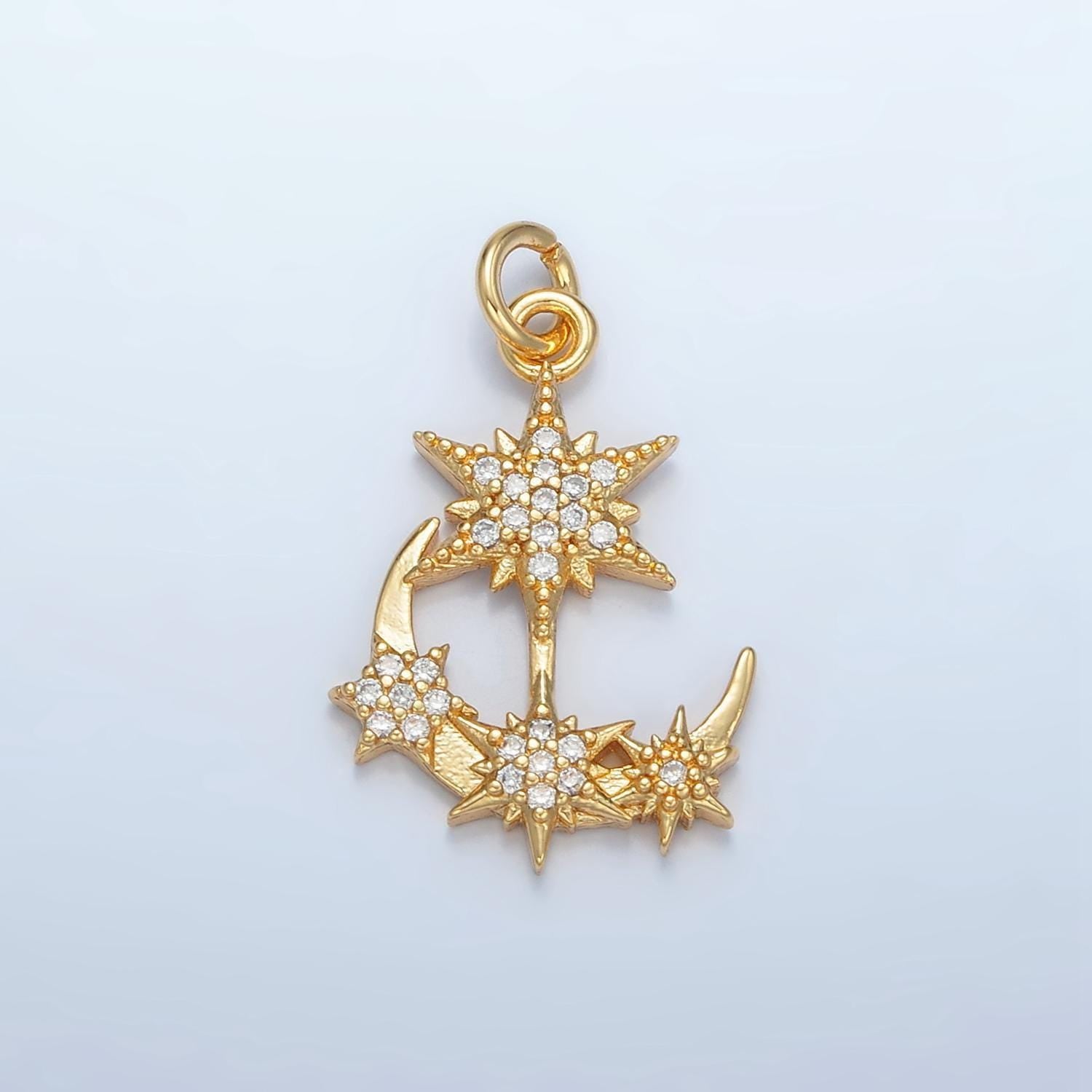 24k gold filled micro paved cz stars on crescent moon celestial charm | e-305