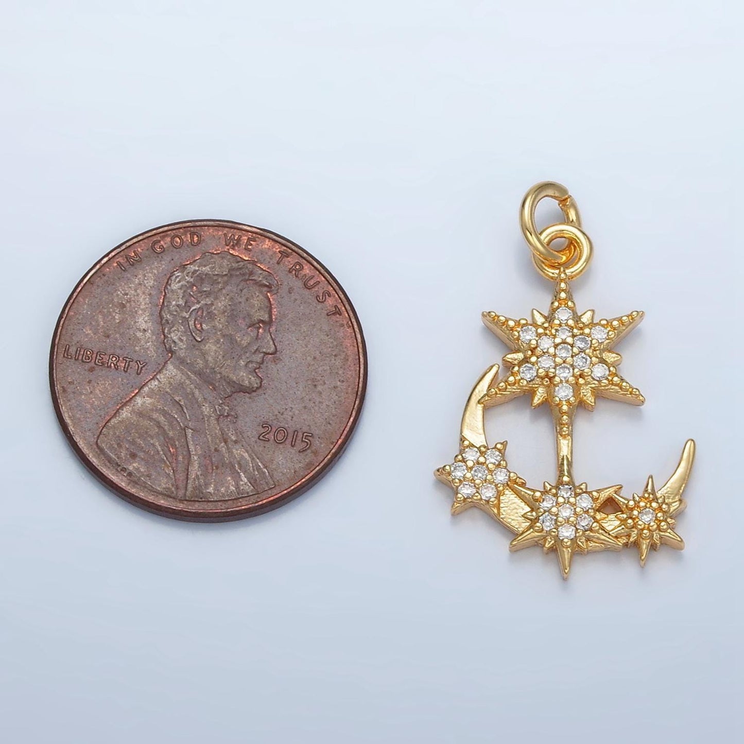 24k gold filled micro paved cz stars on crescent moon celestial charm | e-305