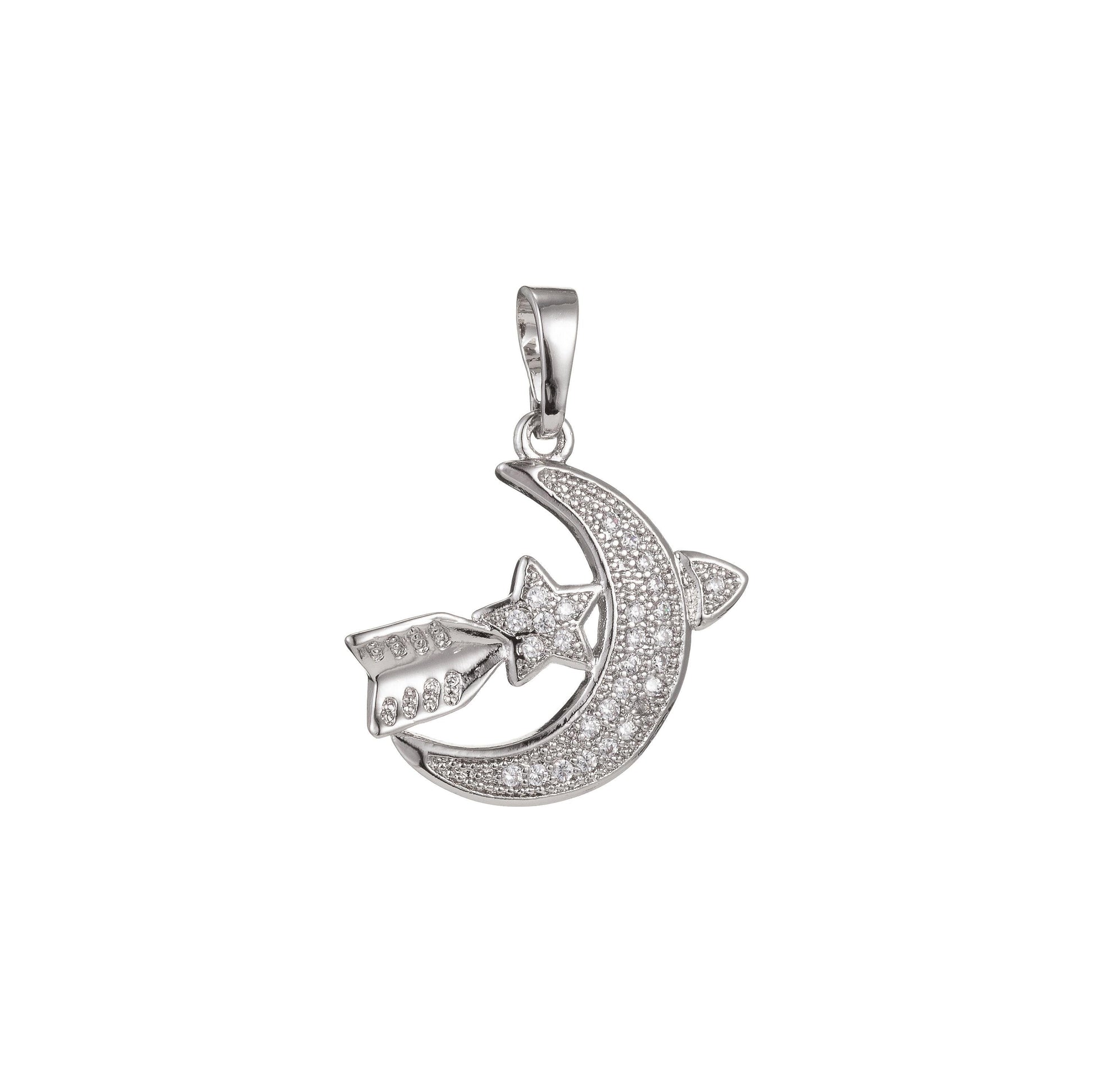 1pc white gold micro pave cz moon star pendant charm, moon star pendant charm, white gold moon star pendant, for diy jewelry