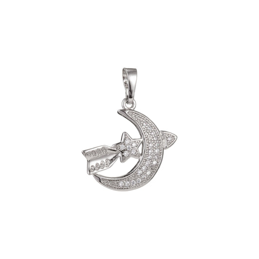 1pc white gold micro pave cz moon star pendant charm, moon star pendant charm, white gold moon star pendant, for diy jewelry