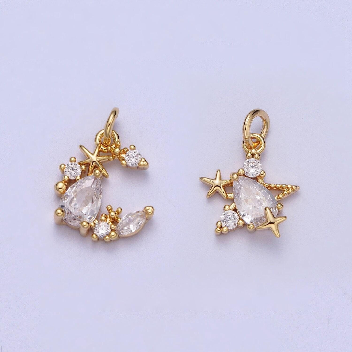 Tiny gold cz diamonds moon and star pendant, 16k gold filled clear micro paved cz moon stars beaded celestial charm |*y-449