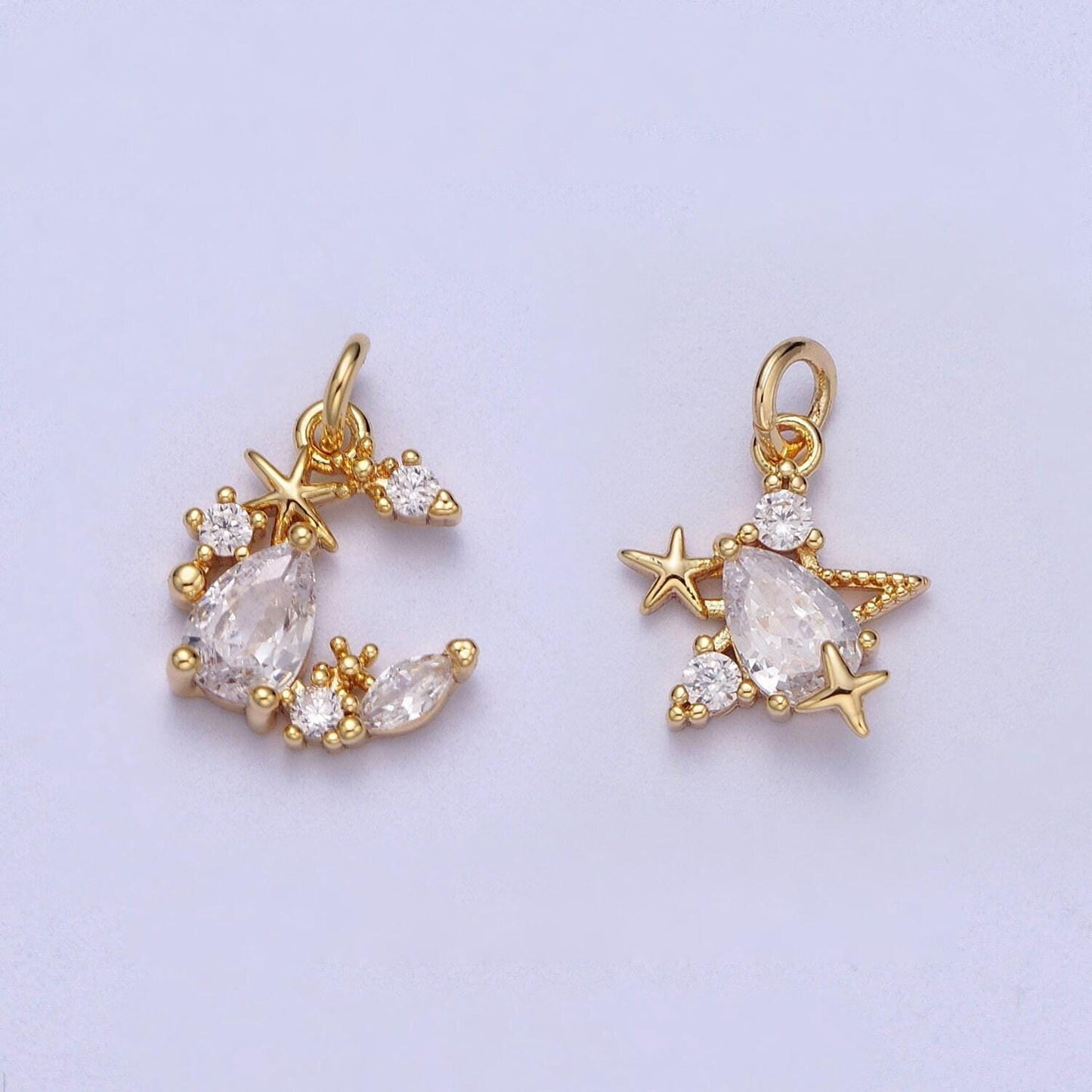 Tiny gold cz diamonds moon and star pendant, 16k gold filled clear micro paved cz moon stars beaded celestial charm |*y-449
