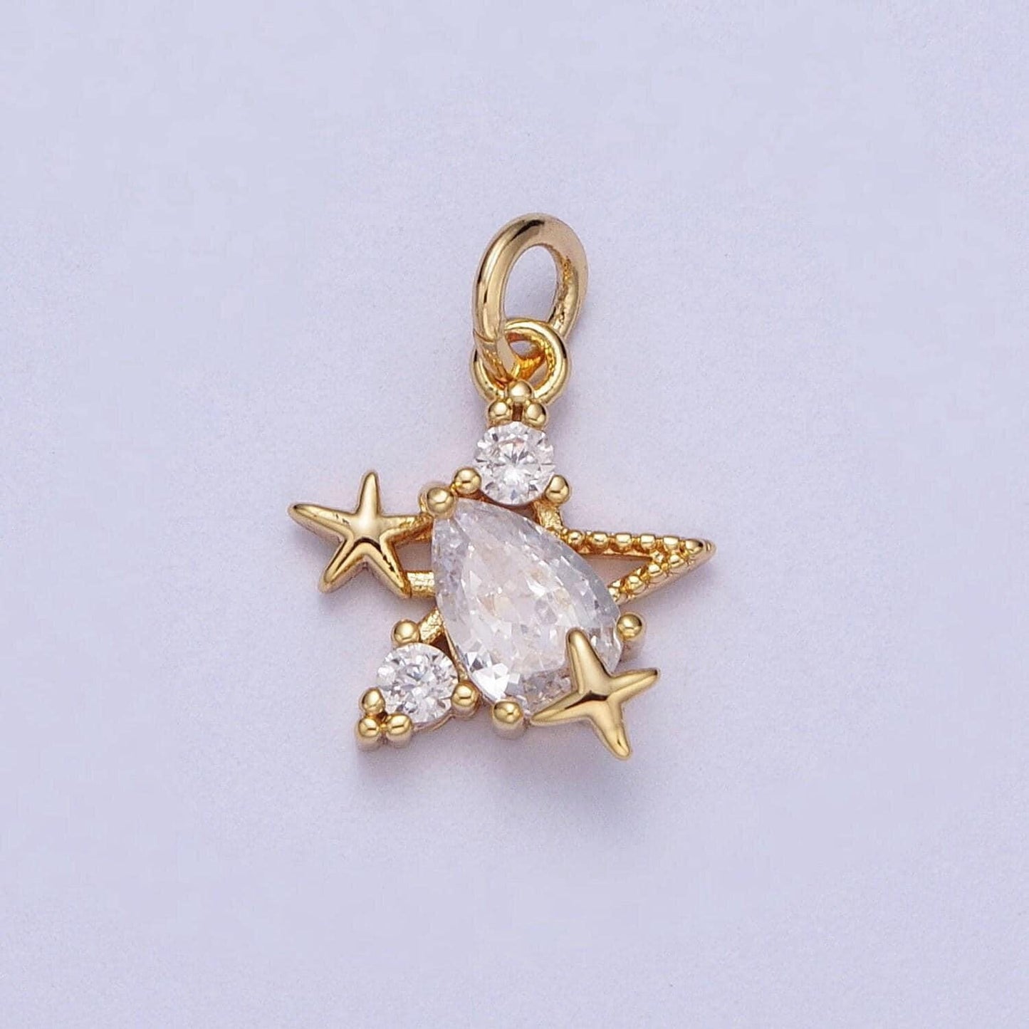 Tiny gold cz diamonds moon and star pendant, 16k gold filled clear micro paved cz moon stars beaded celestial charm |*y-449