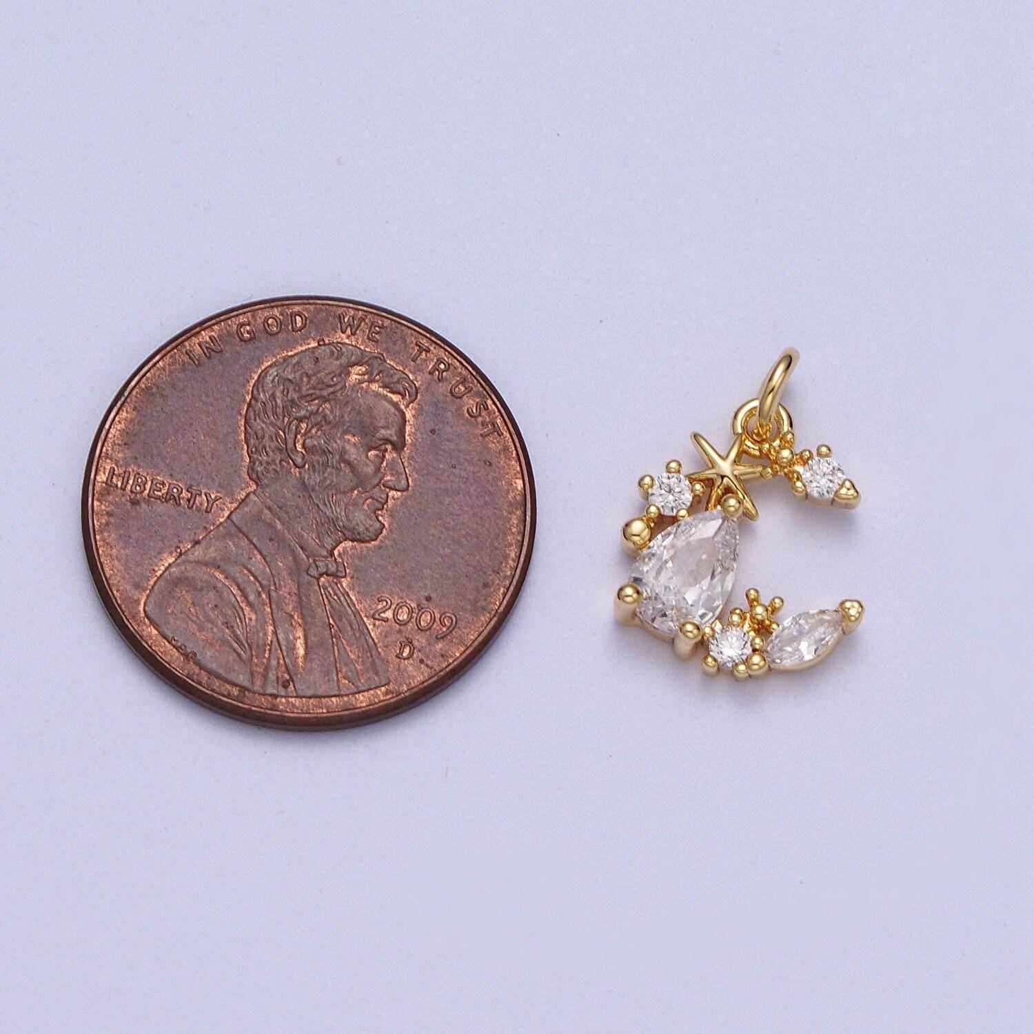 Tiny gold cz diamonds moon and star pendant, 16k gold filled clear micro paved cz moon stars beaded celestial charm |*y-449