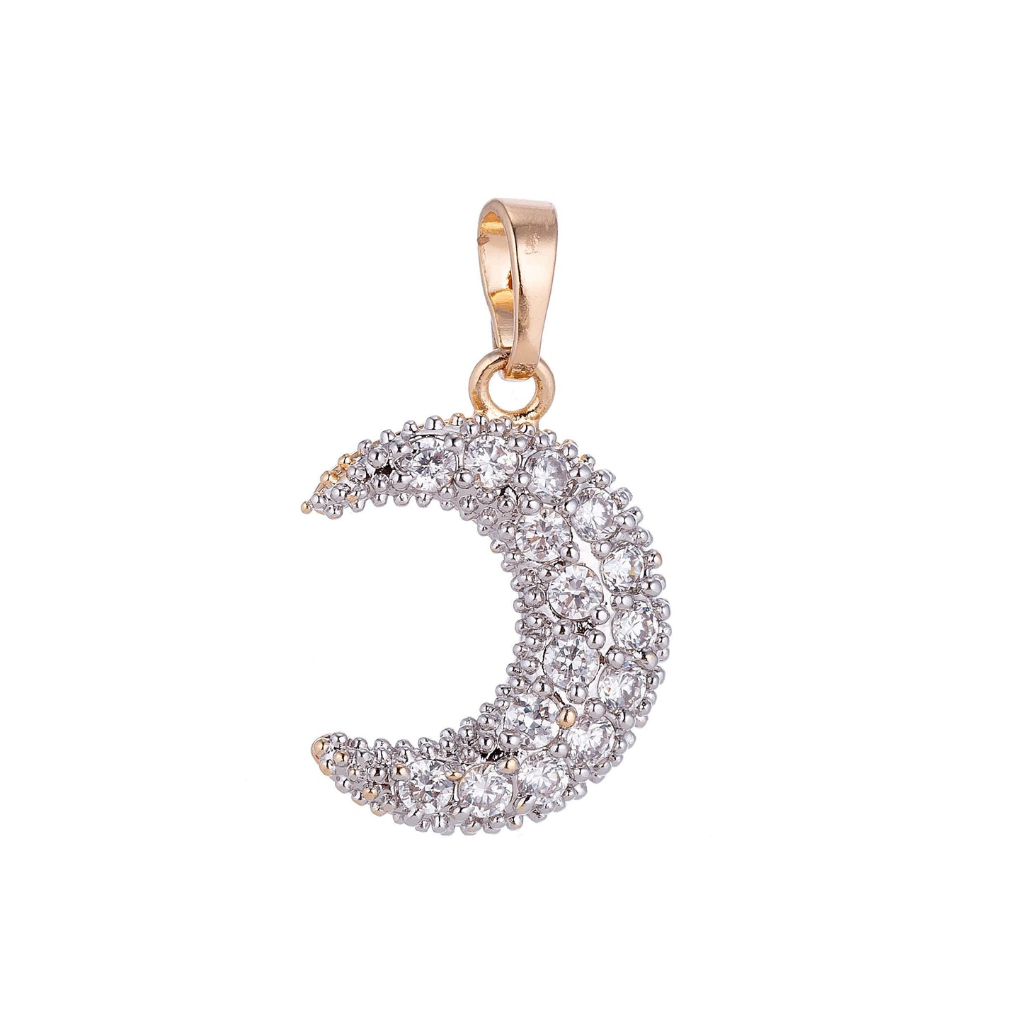 18k gold filled dainty crescent moon, shine bright midnight sky pave cubic zirconia necklace pendant findings for jewelry making h-567