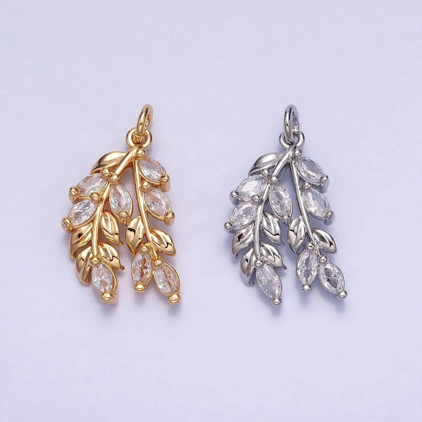 Dainty olive branch charm, 24k gold filled, leaf pendants cubic zirconia ac602