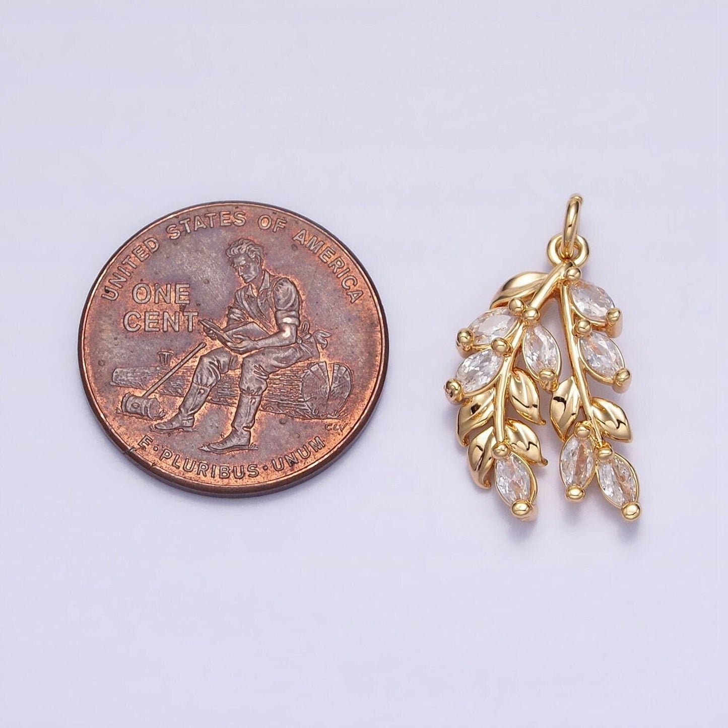 Dainty olive branch charm, 24k gold filled, leaf pendants cubic zirconia ac602