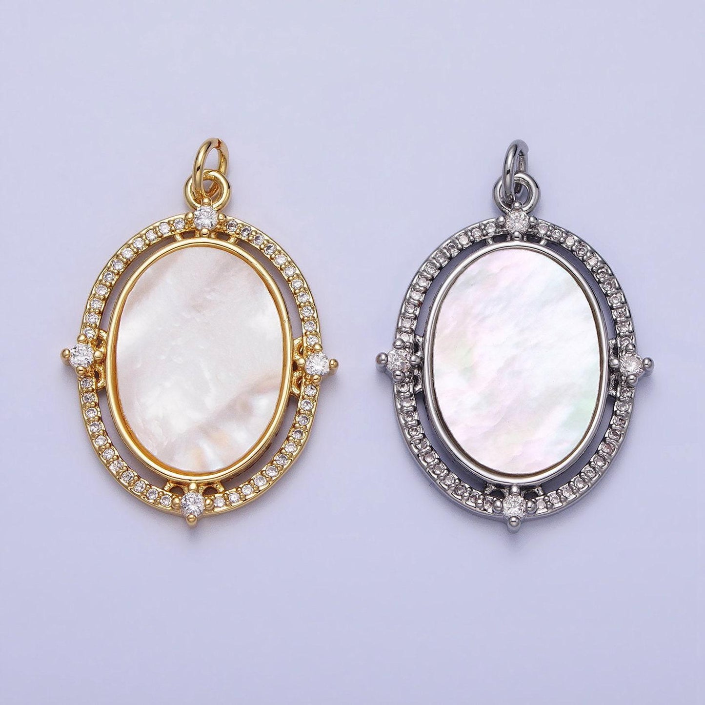 Oval pearl pendant micro pave oval geometric charm in 14k gold filled with clear cz stone for necklace charm supply ac365