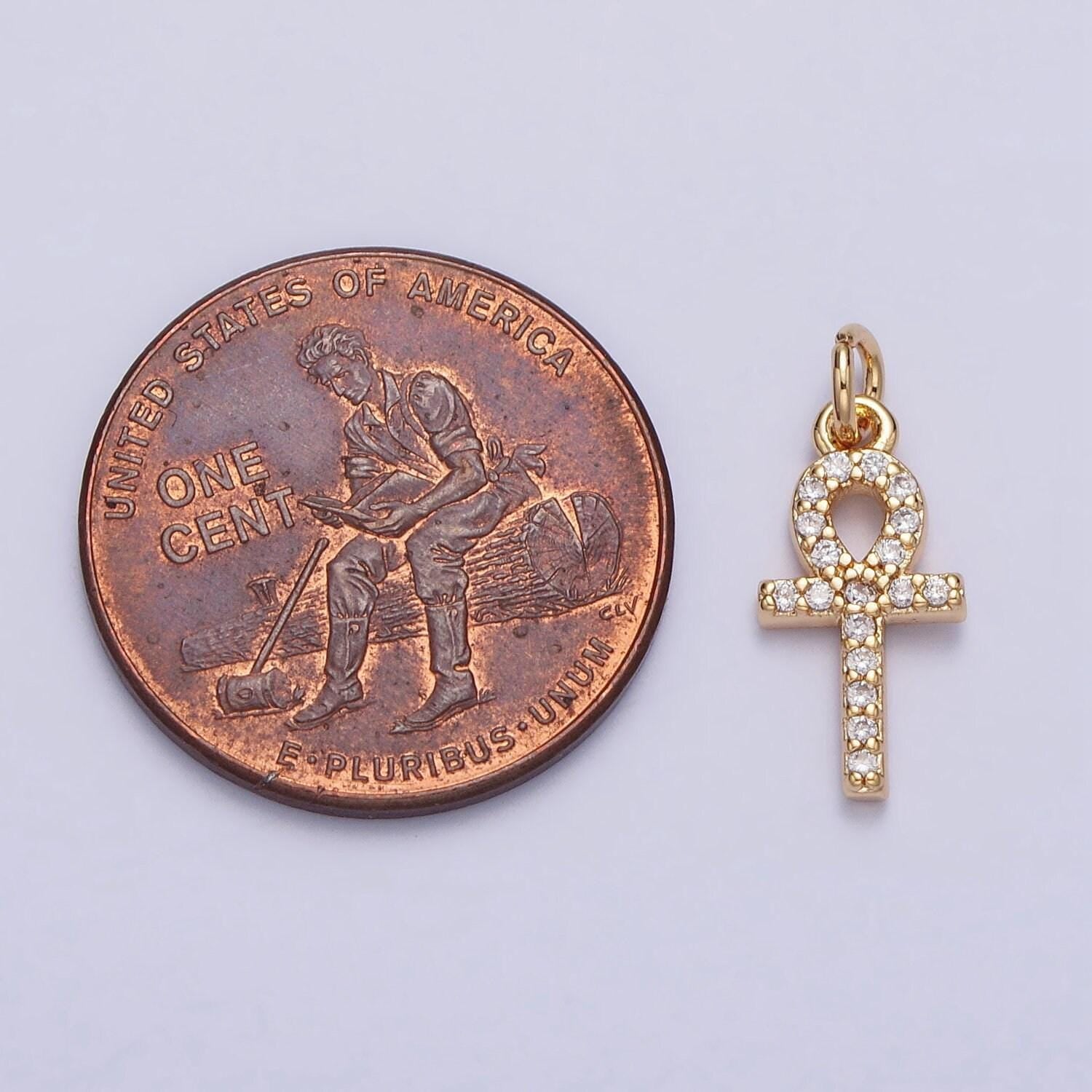 Small gold ankh symbol pendant charm, egyptian jewelry supply for diy necklace making, the key of life cubic zirconia cz pendant ac226