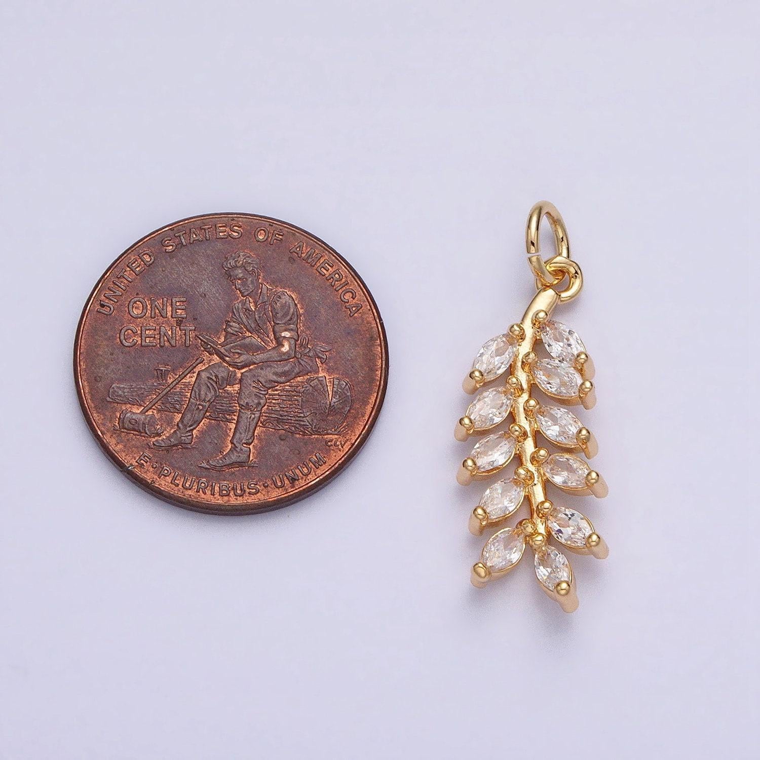 Dainty olive branch charm, 24k gold filled, leaf pendants cubic zirconia ac599
