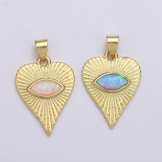 White, blue opal created heart charm pendant, evil eye heart pendant, gold sunburst heart jewelry making supplypdgf-2091, 2092, j219, j220