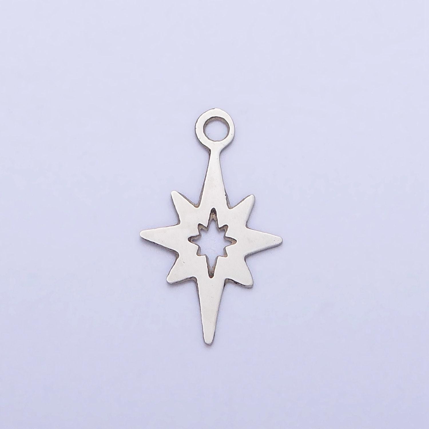 Stainless steel north star charm, starburst pole star pendant laser cut celestial findings lead nickel free tarnish resistant charm p-902