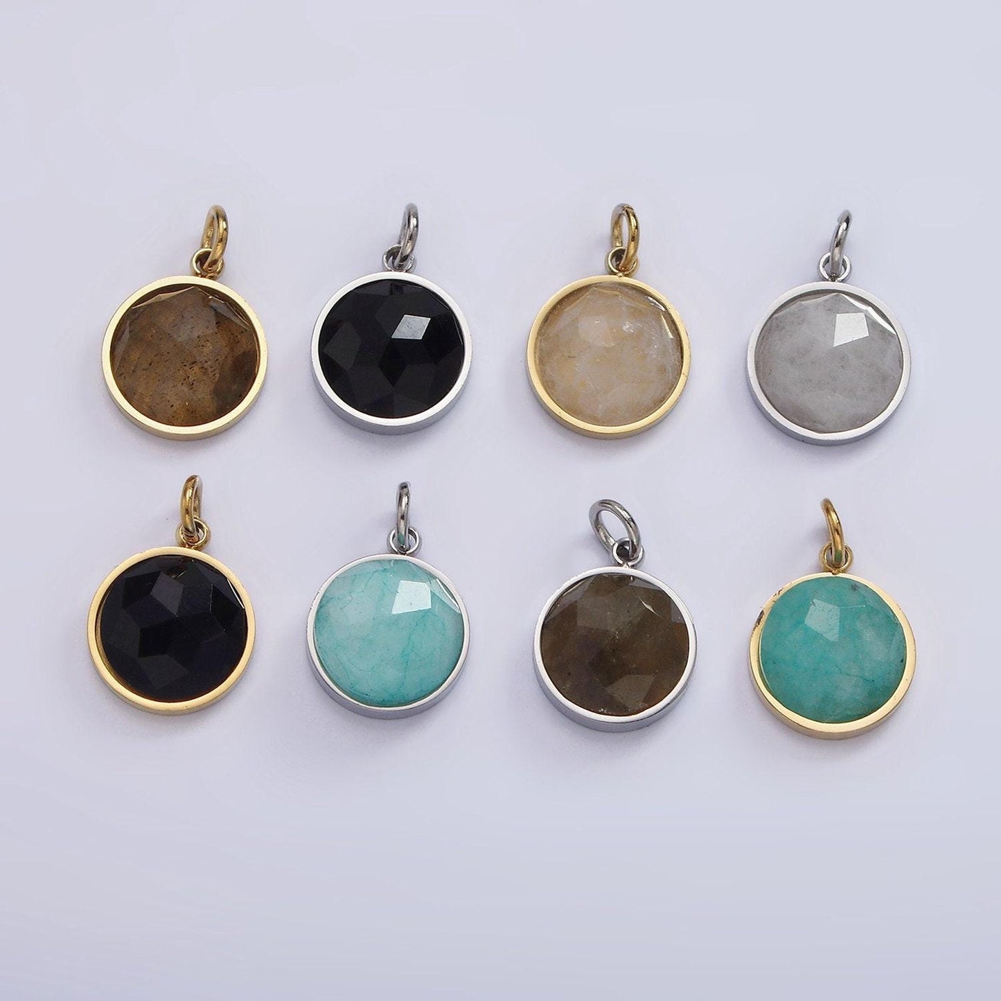 Stainless steel onyx, tiger eye, amazonite, clear quartz multifaceted round charm in gold & silver | p1333 - p1336