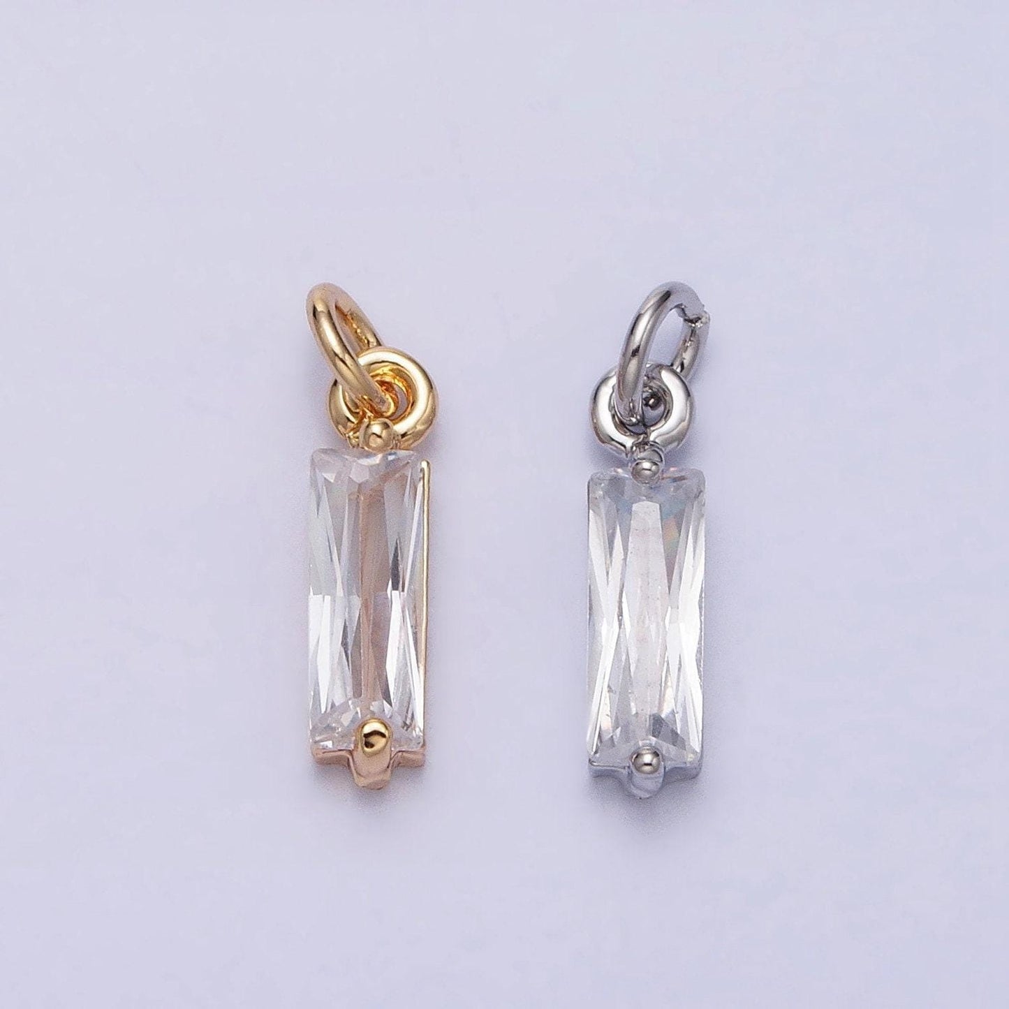 Tiny clear faceted cubic zirconia charms baguette cut crystal pendants small rectangular glass in gold, silver ac475 ac476
