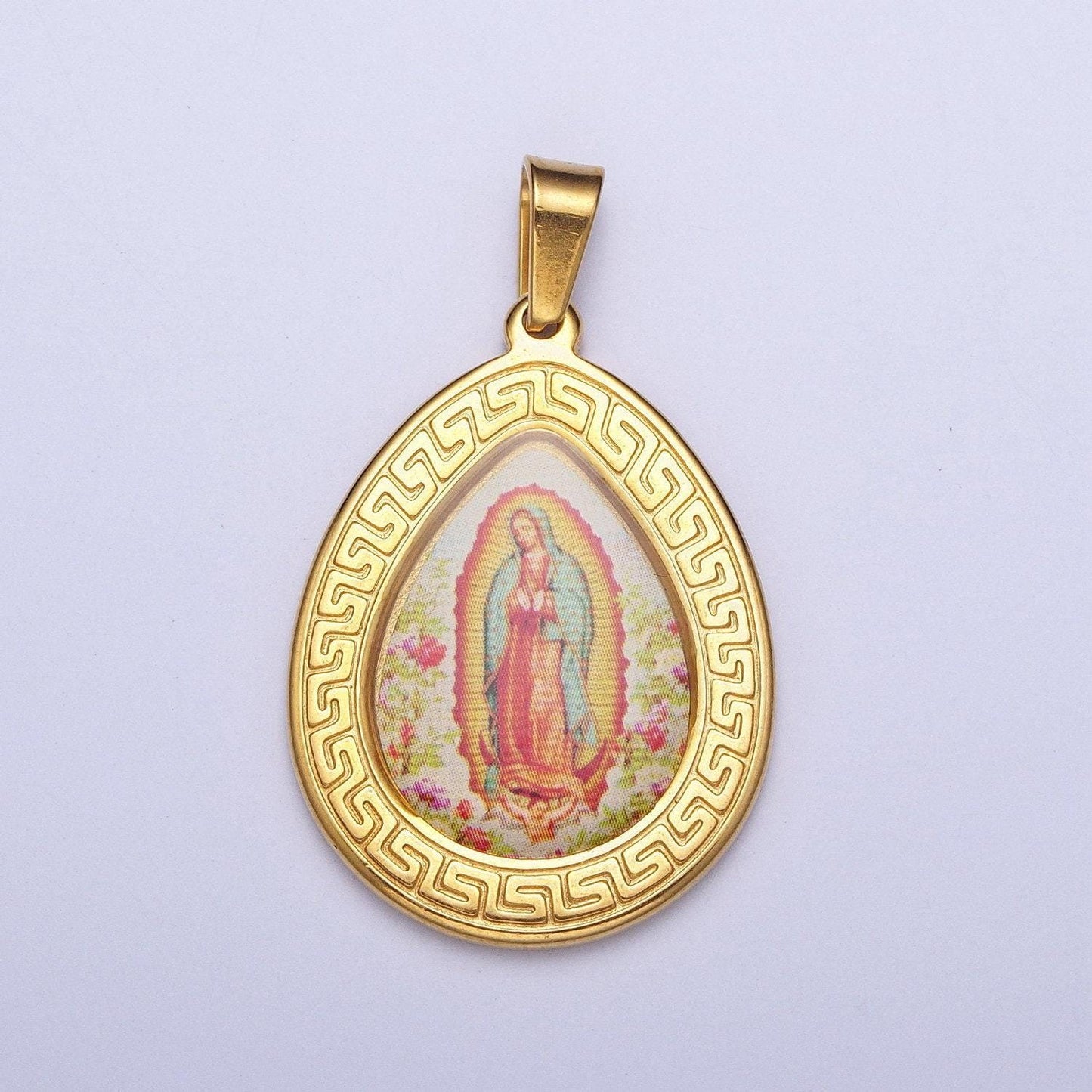 Gold virgin mary oval medallion pendant, 24k gold filled stainless steel our lady of guadalupe tear drop charm | x-649