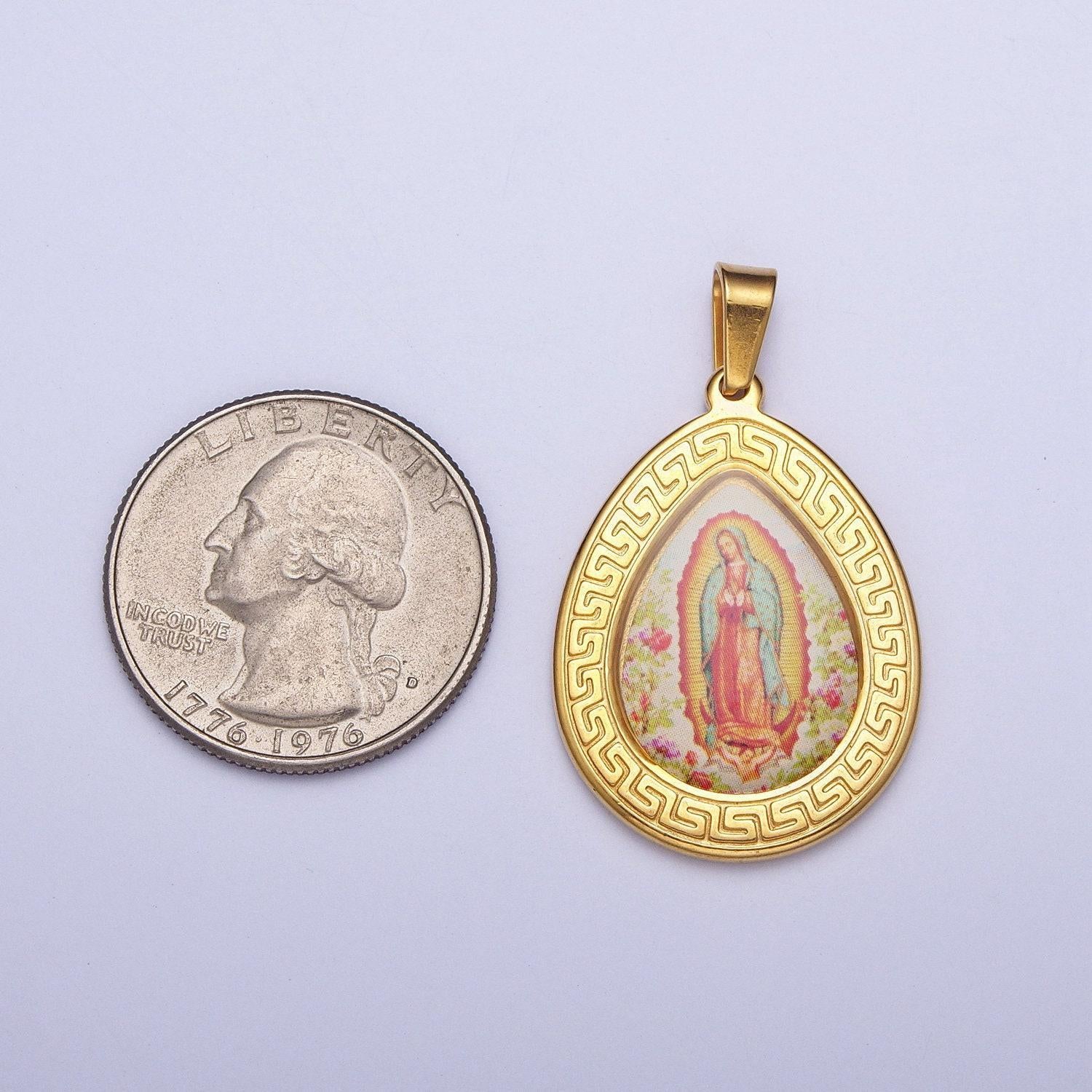 Gold virgin mary oval medallion pendant, 24k gold filled stainless steel our lady of guadalupe tear drop charm | x-649