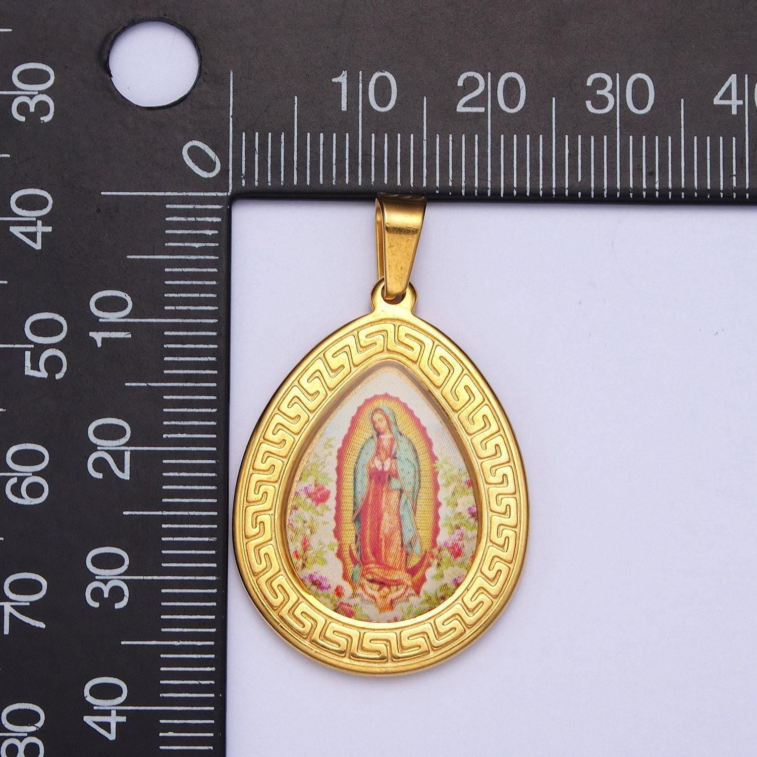 Gold virgin mary oval medallion pendant, 24k gold filled stainless steel our lady of guadalupe tear drop charm | x-649