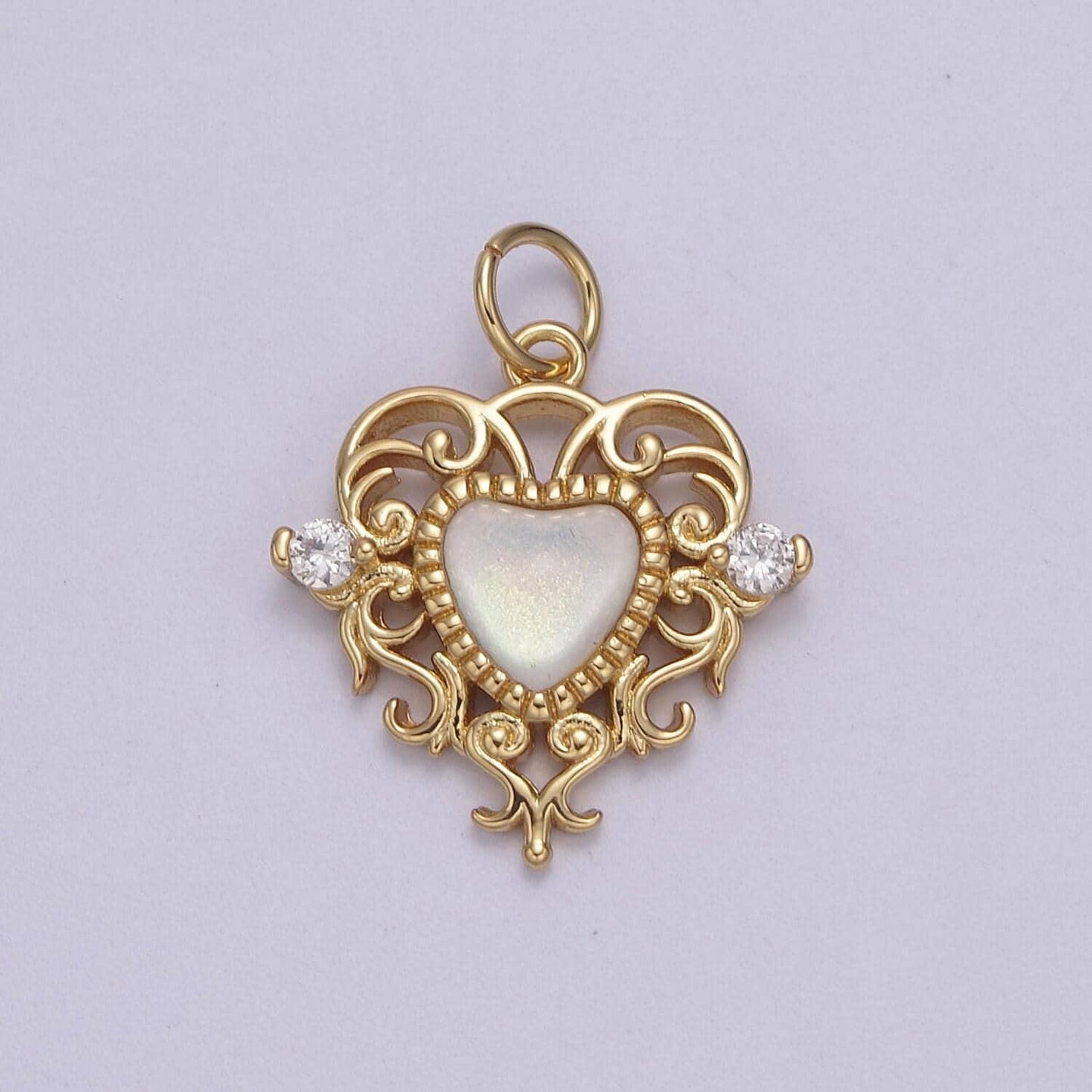 Dainty ornate white pearl shell heart swirl charm with cz 24k gold filled n-866 n-867