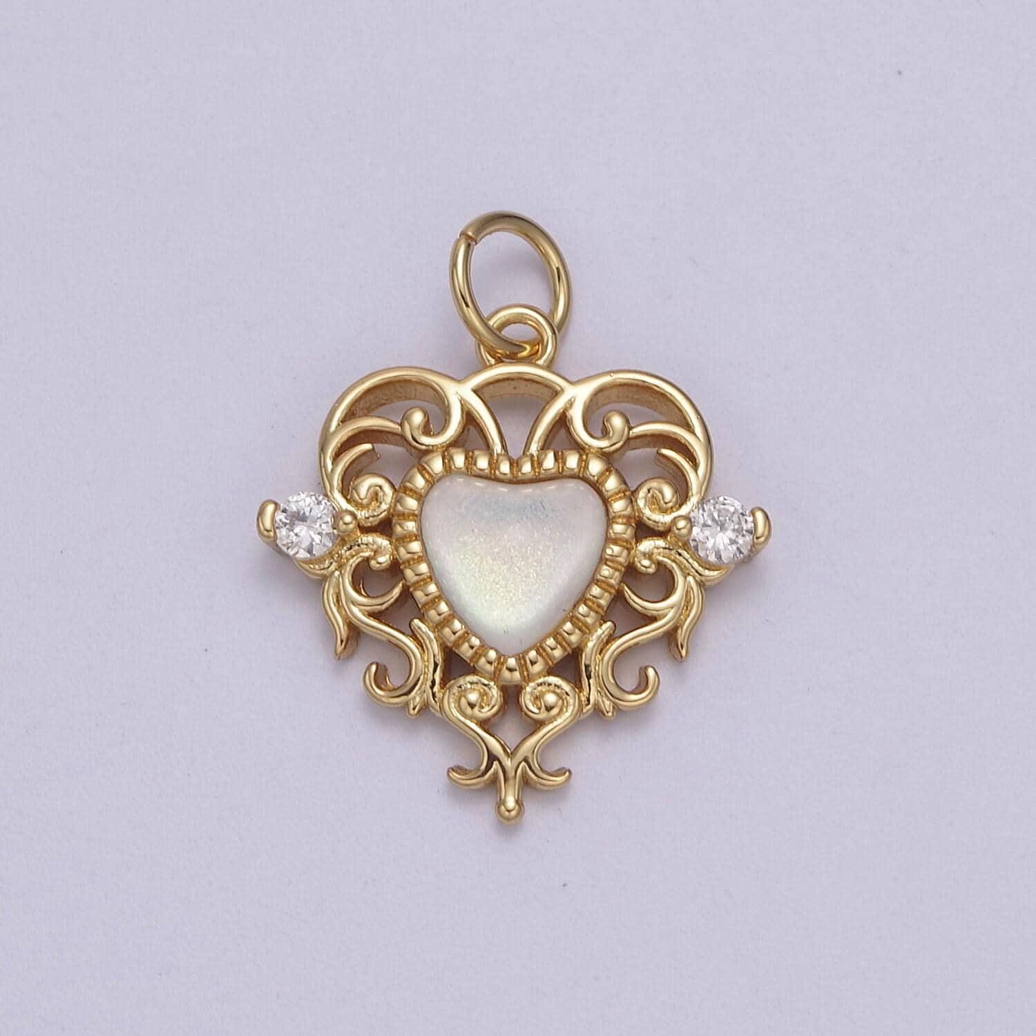 Dainty ornate white pearl shell heart swirl charm with cz 24k gold filled n-866 n-867
