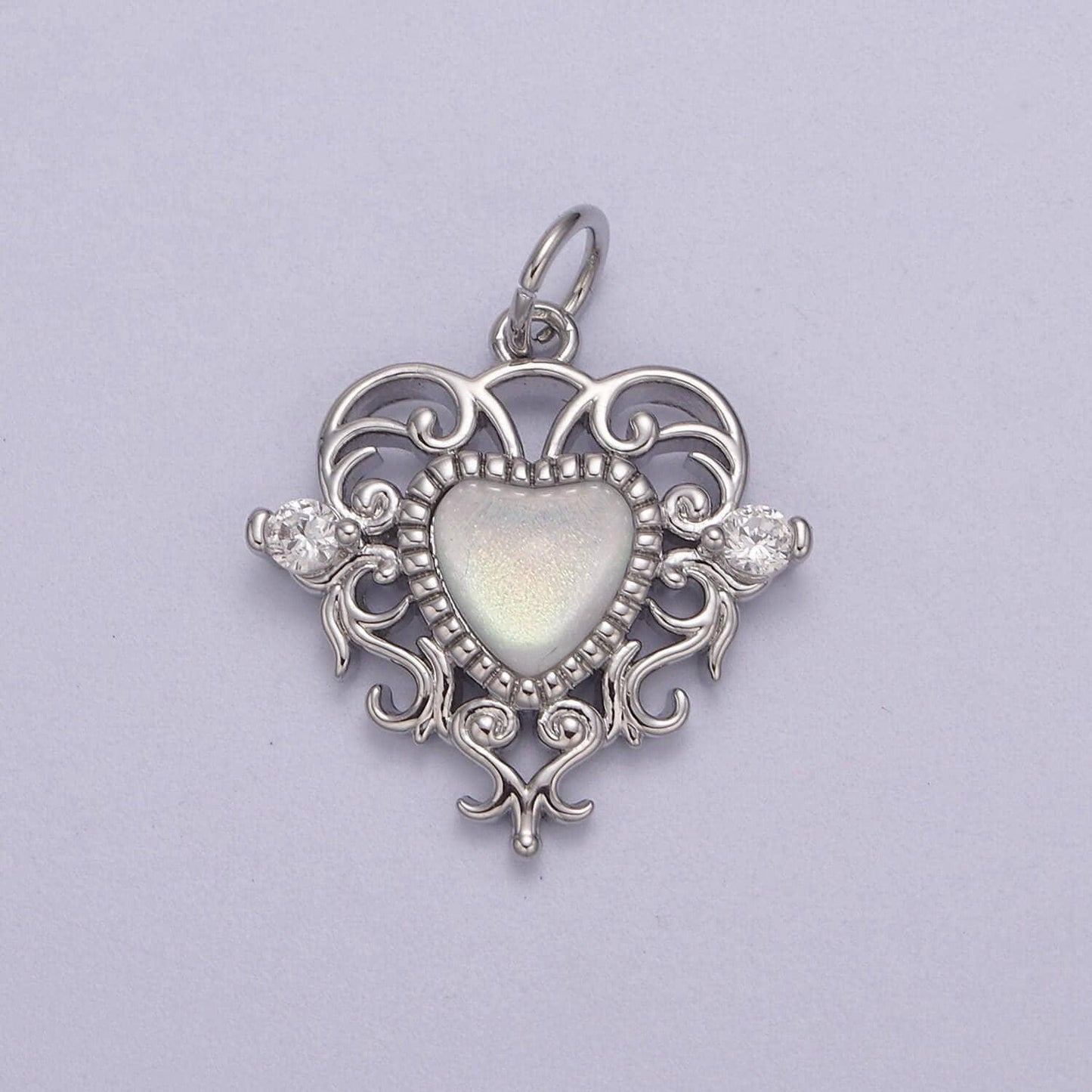 Dainty ornate white pearl shell heart swirl charm with cz 24k gold filled n-866 n-867