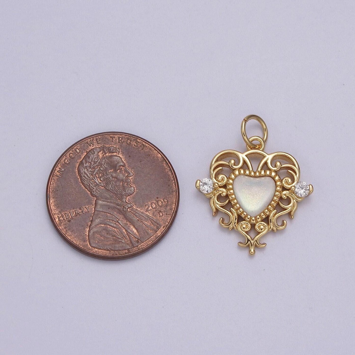 Dainty ornate white pearl shell heart swirl charm with cz 24k gold filled n-866 n-867