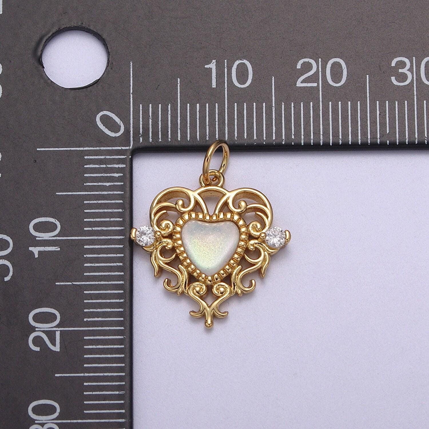 Dainty ornate white pearl shell heart swirl charm with cz 24k gold filled n-866 n-867