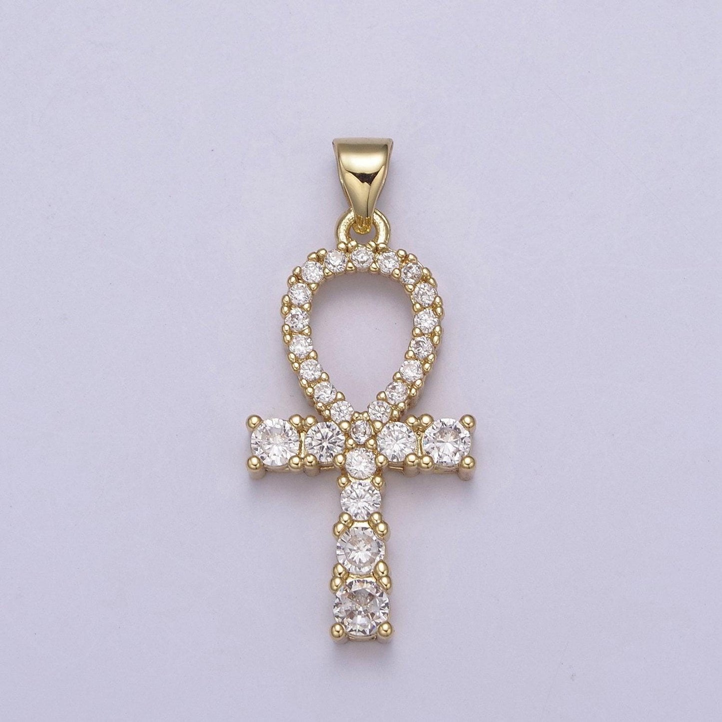 24k gold ankh symbol pendant charm, egyptian jewelry supply for diy necklace making, the key of life cubic zirconia cz pendant, h-724