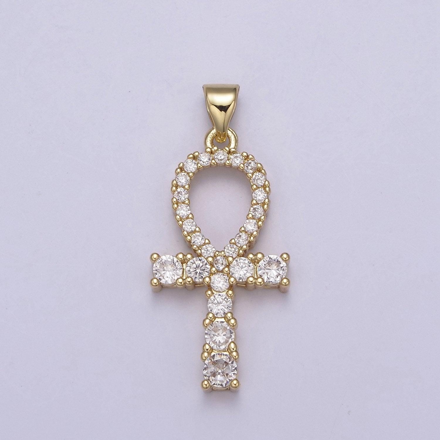 24k gold ankh symbol pendant charm, egyptian jewelry supply for diy necklace making, the key of life cubic zirconia cz pendant, h-724