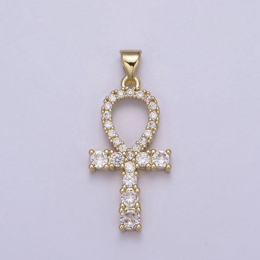 24k gold ankh symbol pendant charm, egyptian jewelry supply for diy necklace making, the key of life cubic zirconia cz pendant, h-724