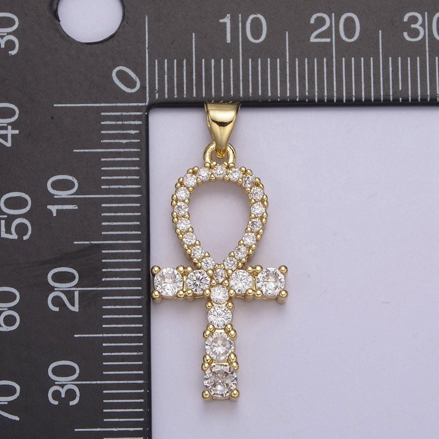 24k gold ankh symbol pendant charm, egyptian jewelry supply for diy necklace making, the key of life cubic zirconia cz pendant, h-724