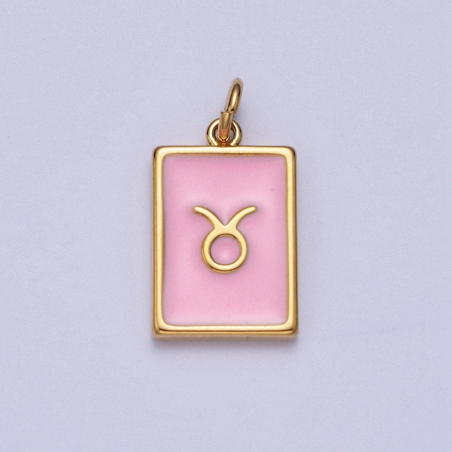 Gold rectangular baby pink enamel zodiac charms white gold-filled astrological zodiac signs, birthday, horoscope pendants | a1469-a1474