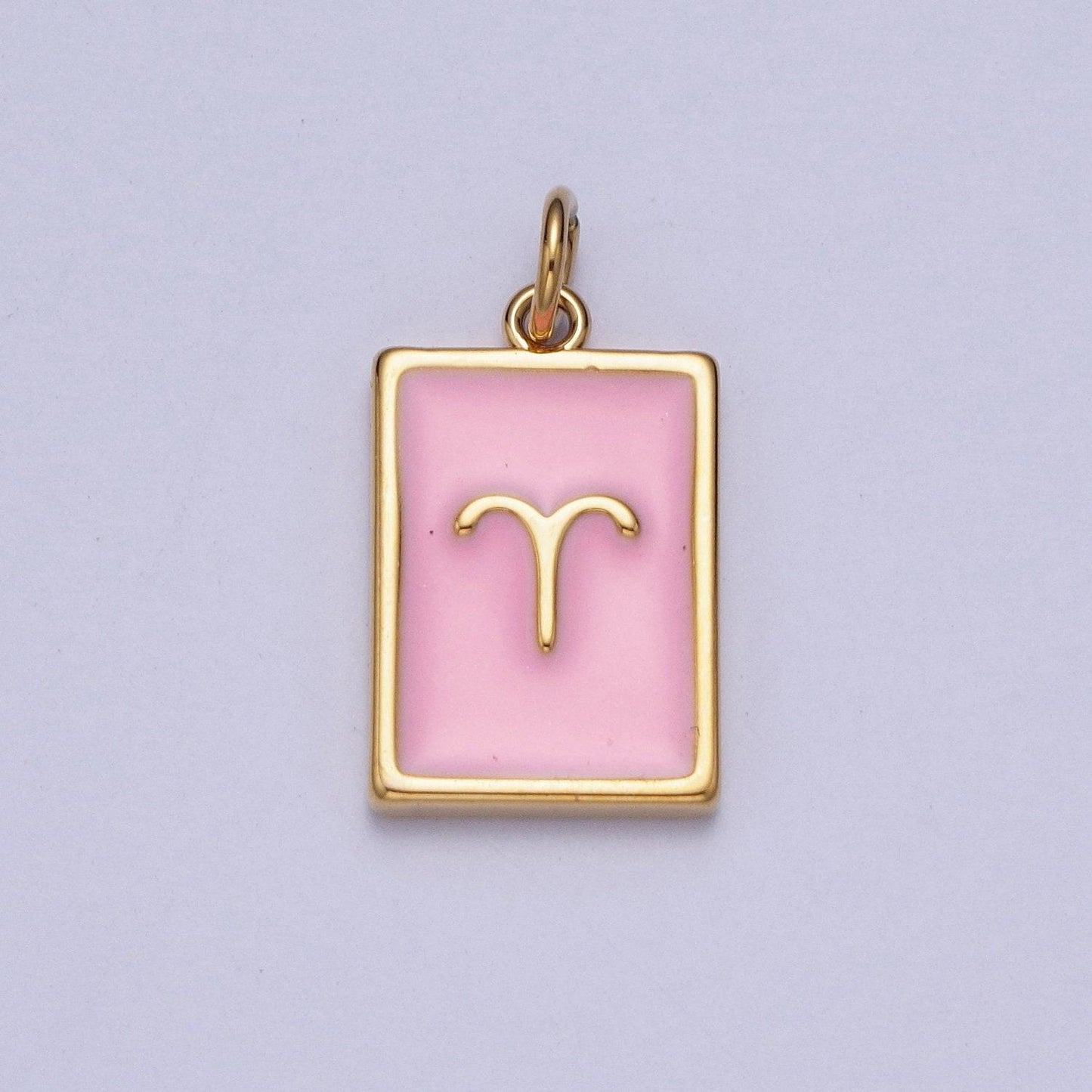 Gold rectangular baby pink enamel zodiac charms white gold-filled astrological zodiac signs, birthday, horoscope pendants | a1469-a1474