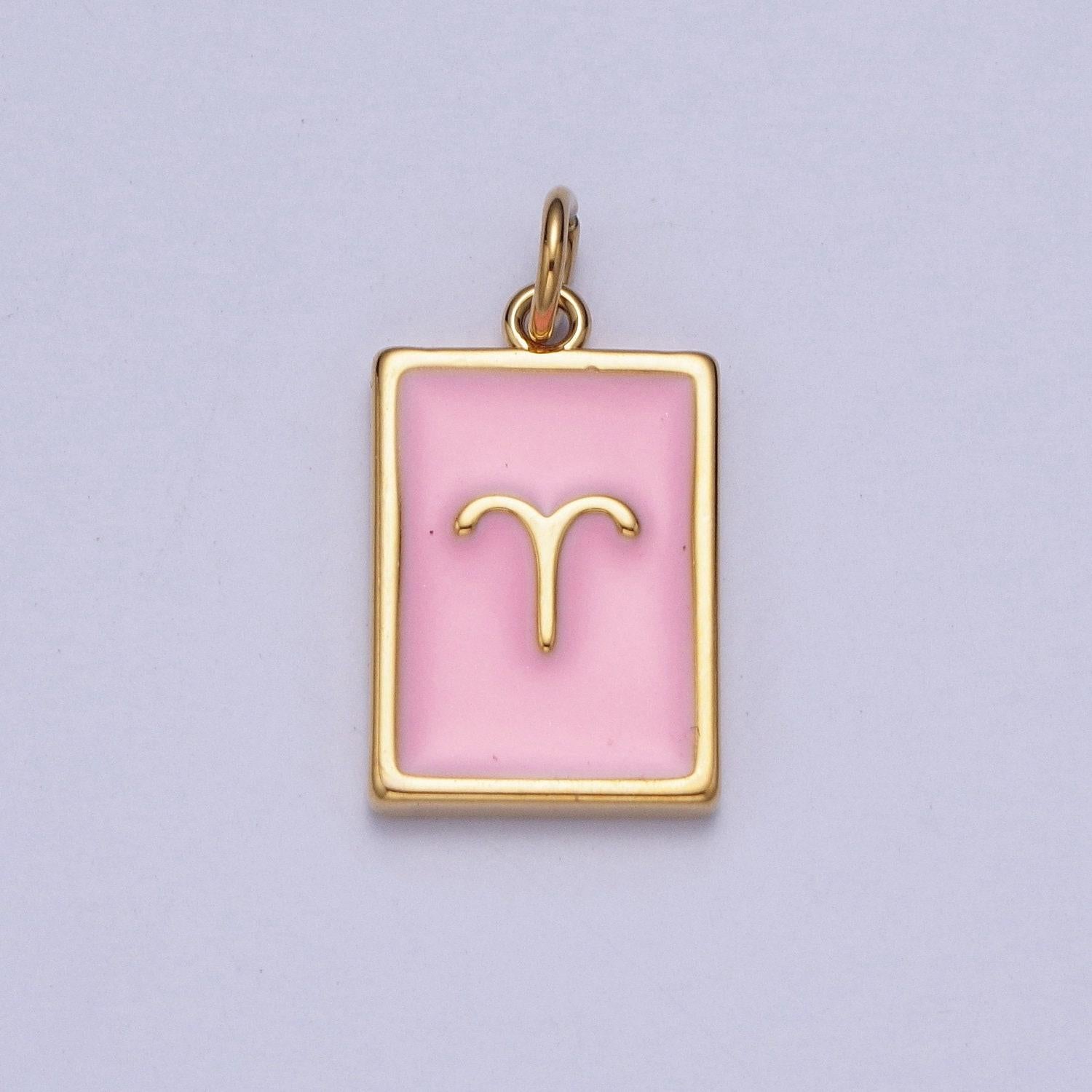 Gold rectangular baby pink enamel zodiac charms white gold-filled astrological zodiac signs, birthday, horoscope pendants | a1469-a1474