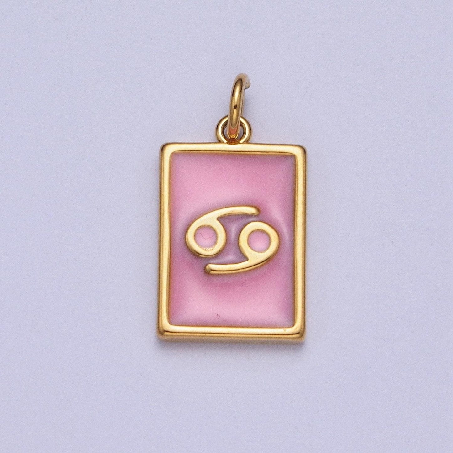 Gold rectangular baby pink enamel zodiac charms white gold-filled astrological zodiac signs, birthday, horoscope pendants | a1469-a1474