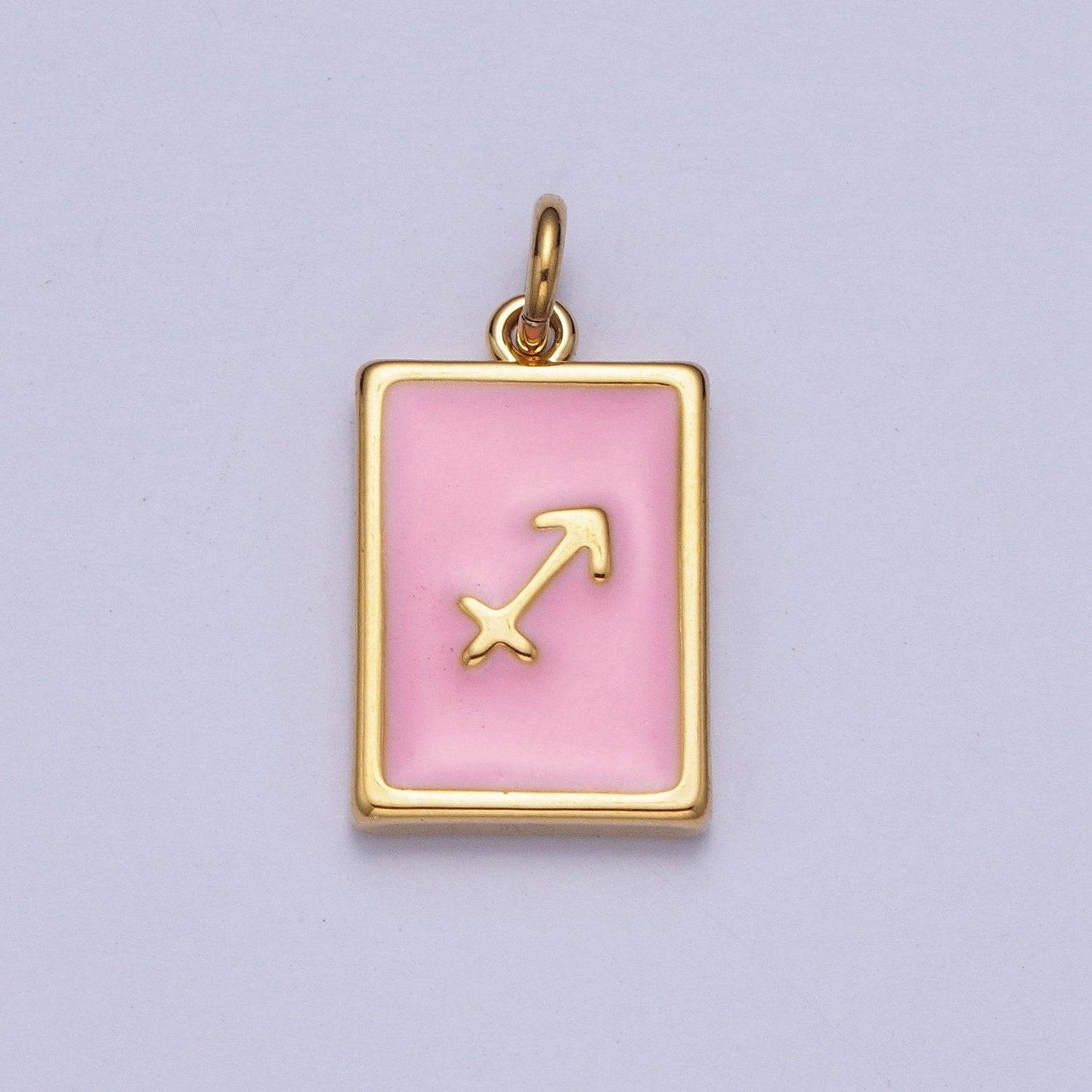 Gold rectangular baby pink enamel zodiac charms white gold-filled astrological zodiac signs, birthday, horoscope pendants | a1469-a1474