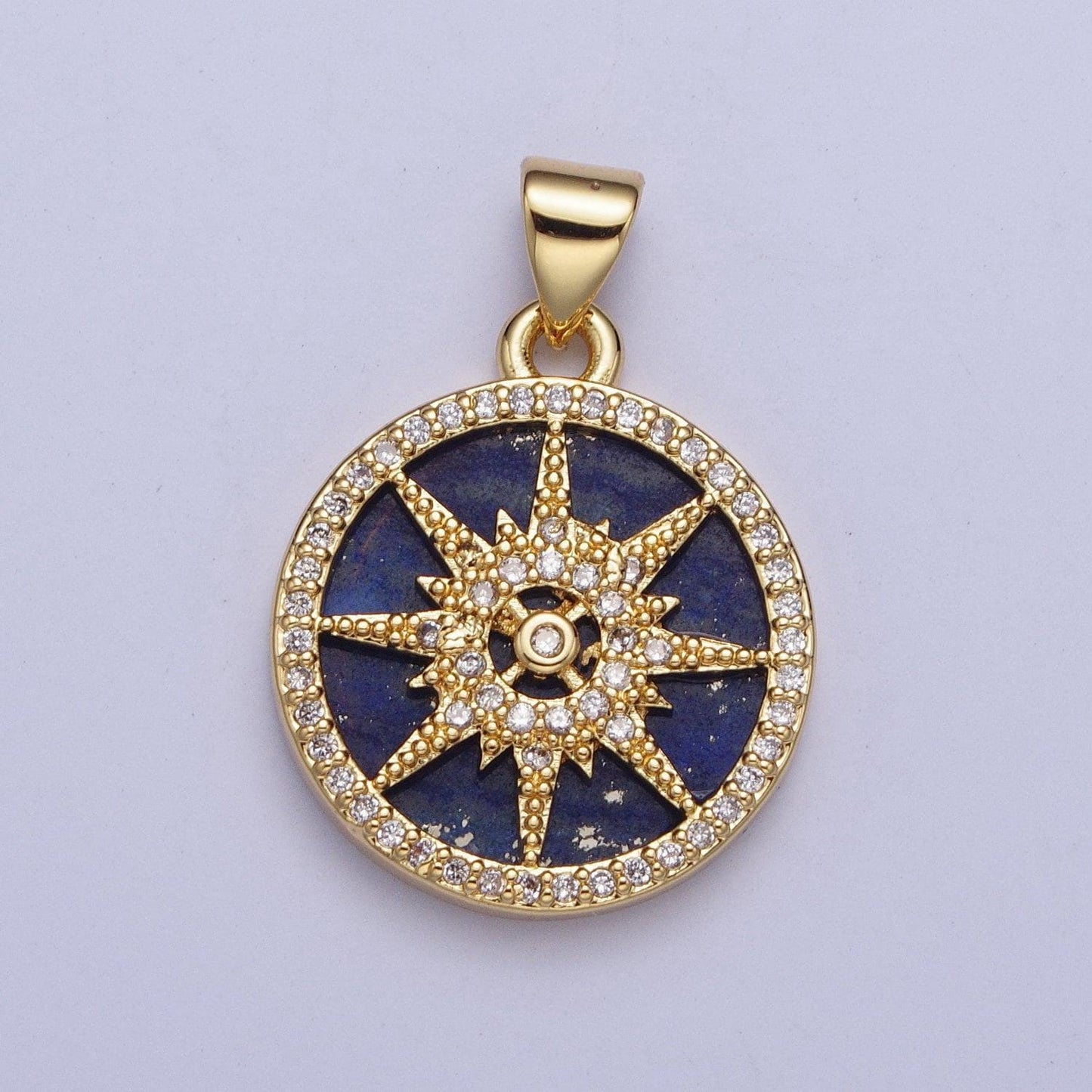 Gold blue lapiz north star compass coin medallion pendant, 24k gold filled round micro pave cz nautical navigation charm for jewelry | x-429