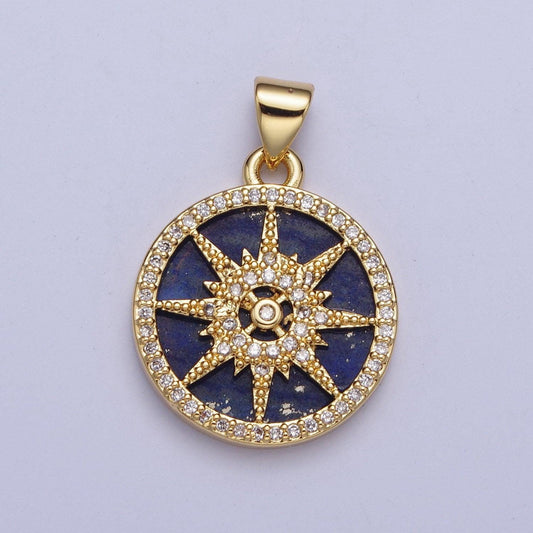 Gold blue lapiz north star compass coin medallion pendant, 24k gold filled round micro pave cz nautical navigation charm for jewelry | x-429