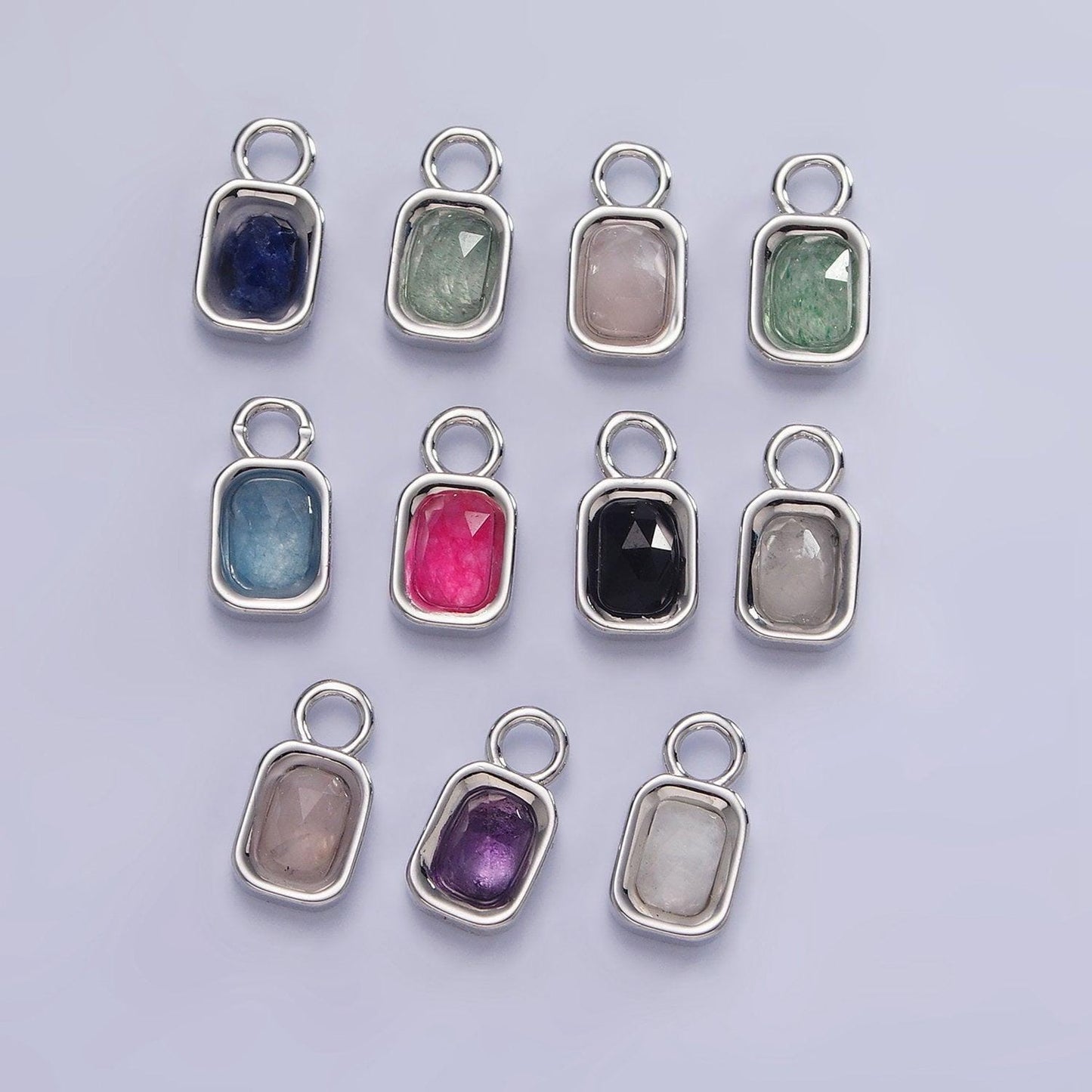 White gold filled square tag multifaceted natural gemstone personalized add-on silver charm | ac1407 - ac1410