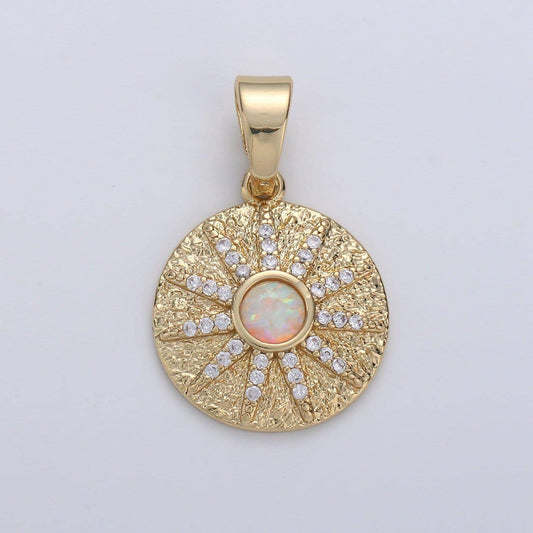 Dainty vergina sun charm 14k gold filled opal round sun burst medallion pendant micro pave gold sun celestial jewelry 23x16mm,