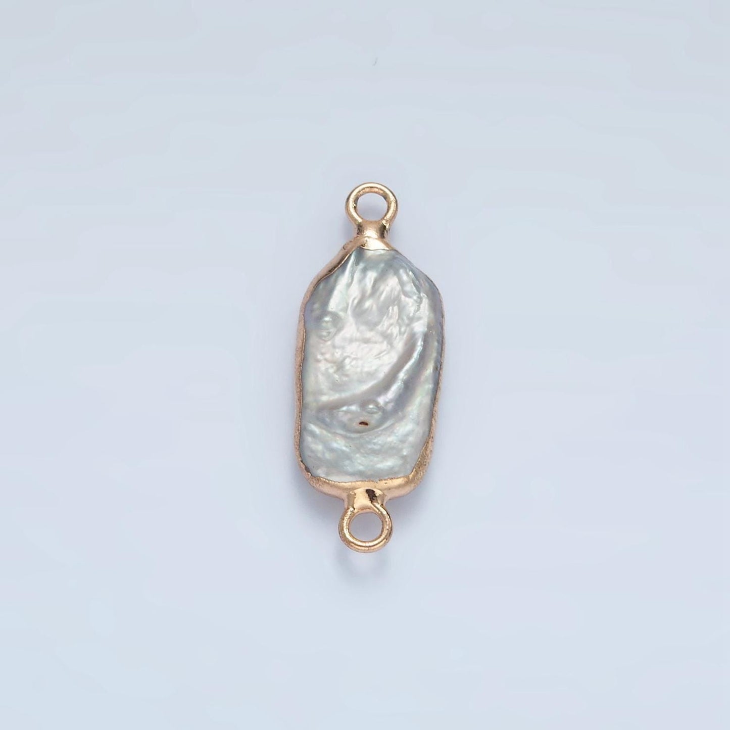 1x freshwater pearl connectors, gold rectangle two loop white charms small natural shell gold edge links p1761