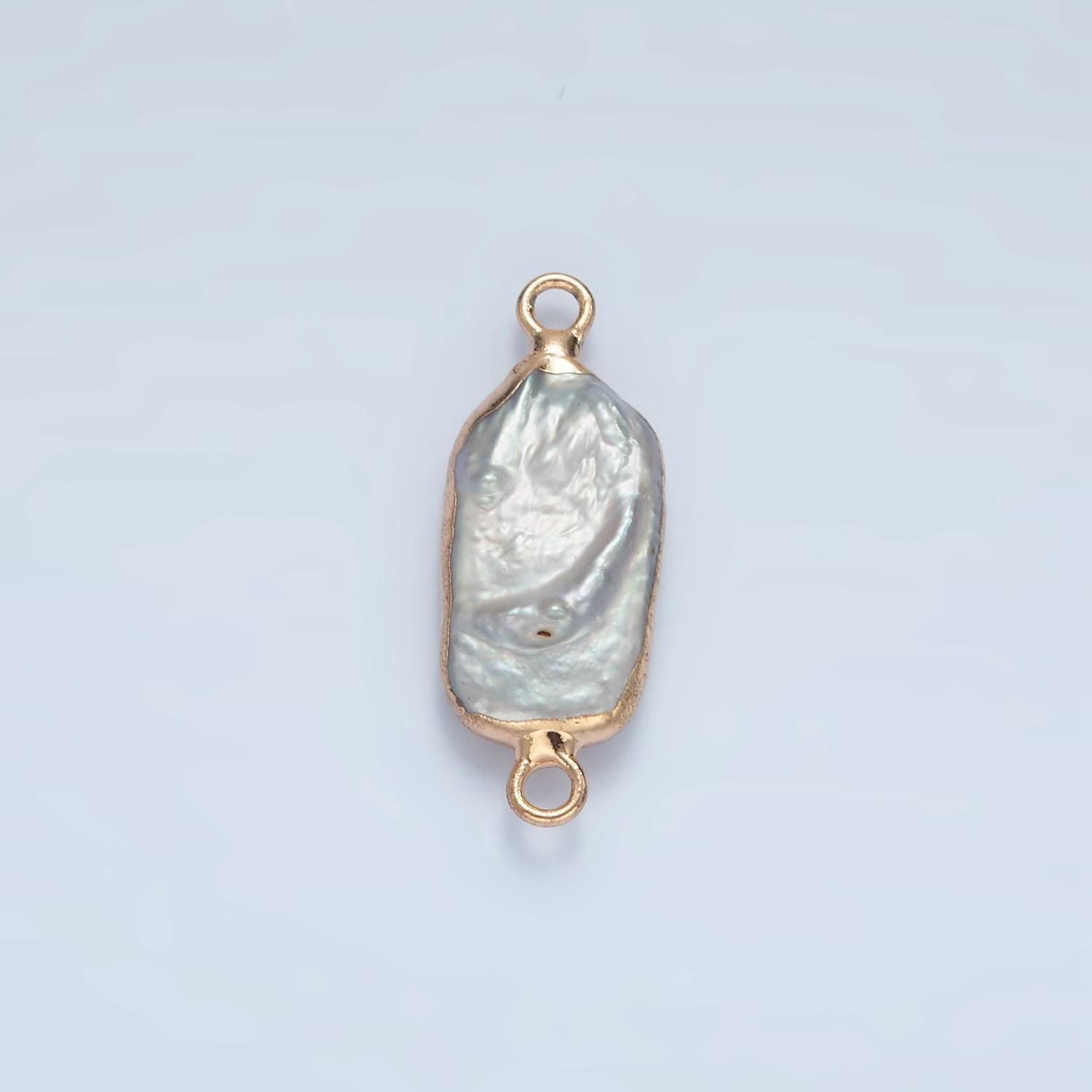 1x freshwater pearl connectors, gold rectangle two loop white charms small natural shell gold edge links p1761