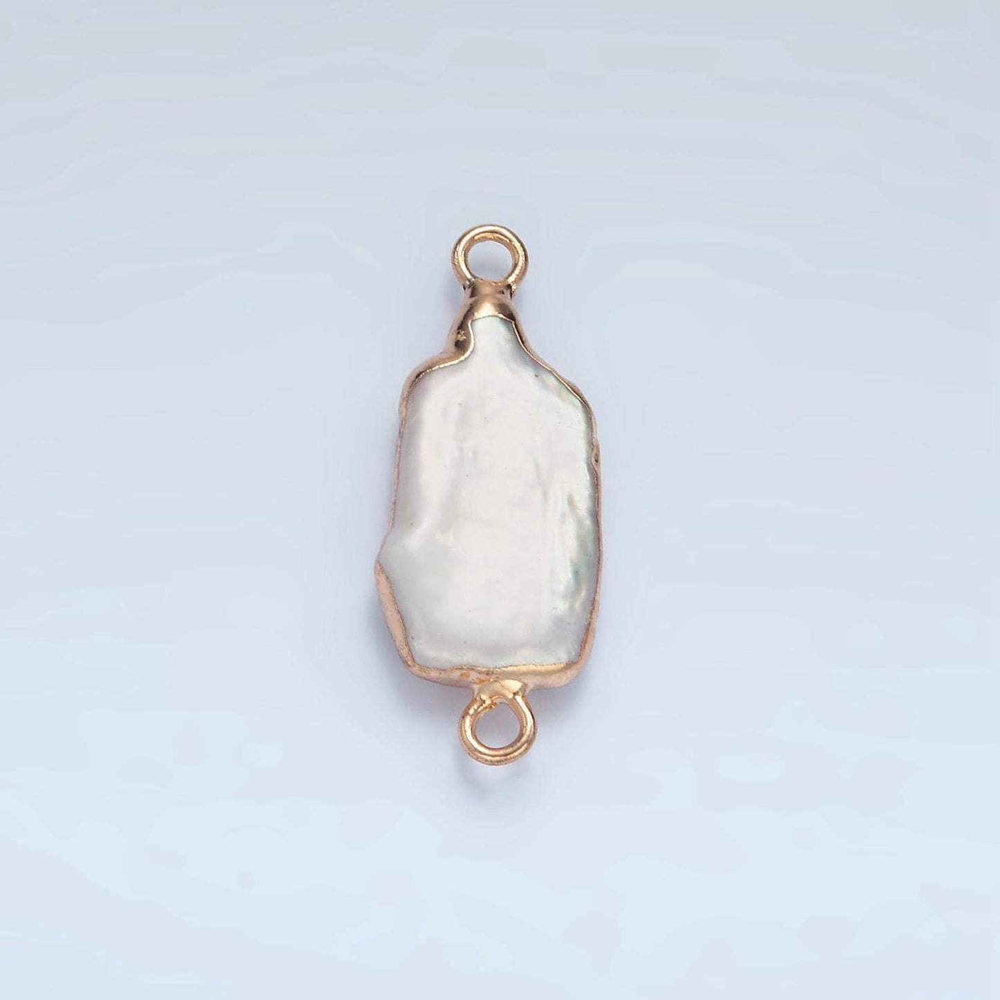 1x freshwater pearl connectors, gold rectangle two loop white charms small natural shell gold edge links p1761