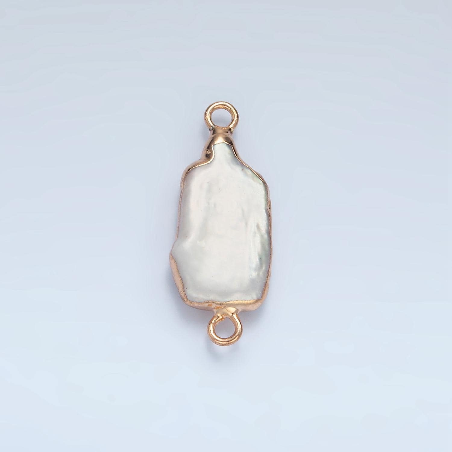 1x freshwater pearl connectors, gold rectangle two loop white charms small natural shell gold edge links p1761