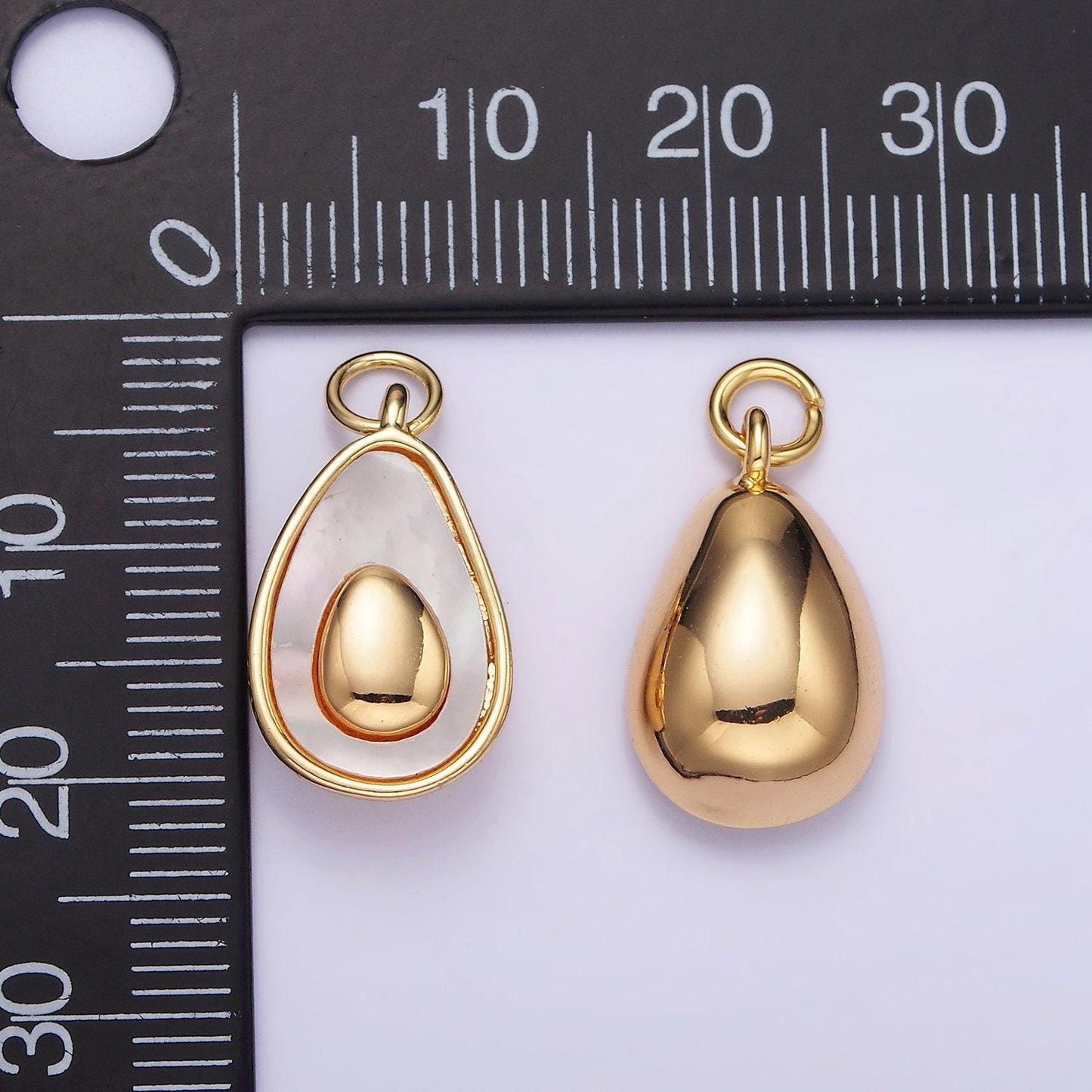 14k gold filled shell pearl avocado double abstract teardrop bezel charm | w-504