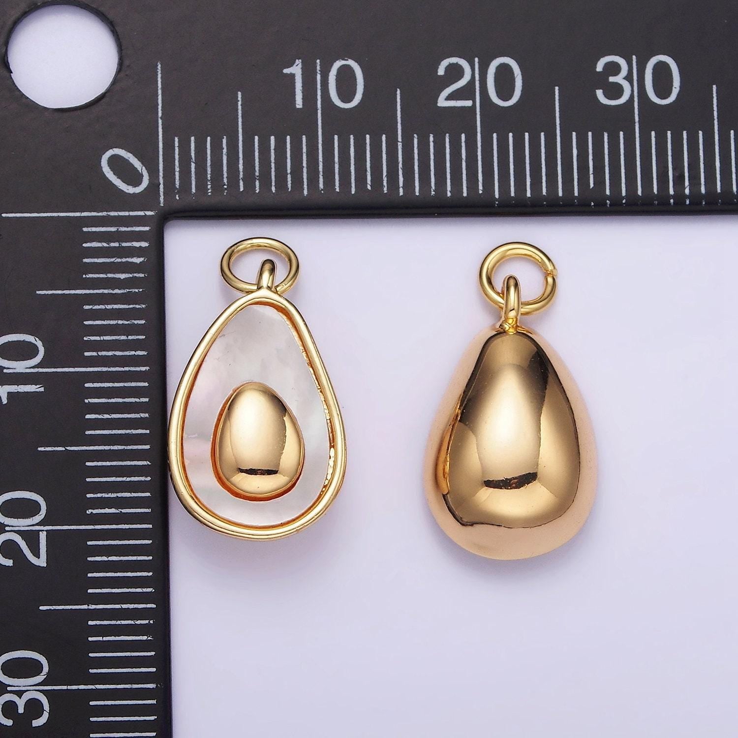 14k gold filled shell pearl avocado double abstract teardrop bezel charm | w-504