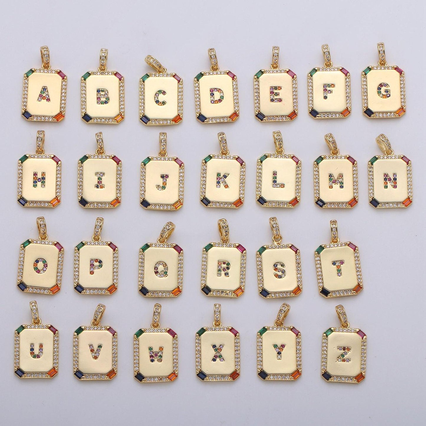 1pc 24k gold cz micro pave initial letter pendant,initials letter tag charm rainbow letter a-z for necklace making,jewelry finding, 1