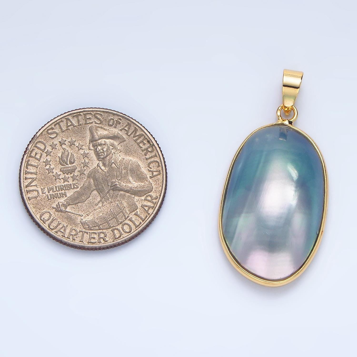 Gold rounded oval mauve pearl pendant, 24k gold filled stainless steel w. shell pearl purple blue charm | p-1902