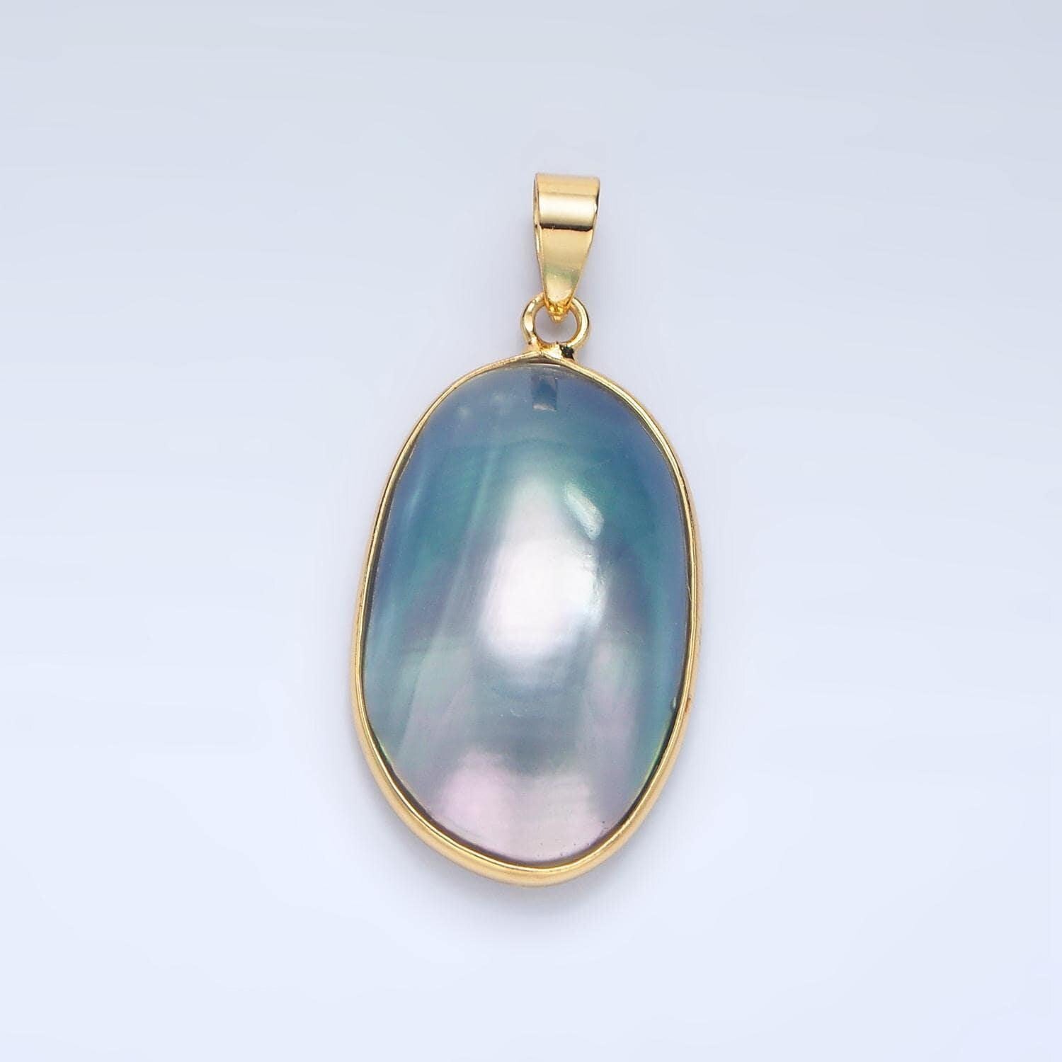 Gold rounded oval mauve pearl pendant, 24k gold filled stainless steel w. shell pearl purple blue charm | p-1902