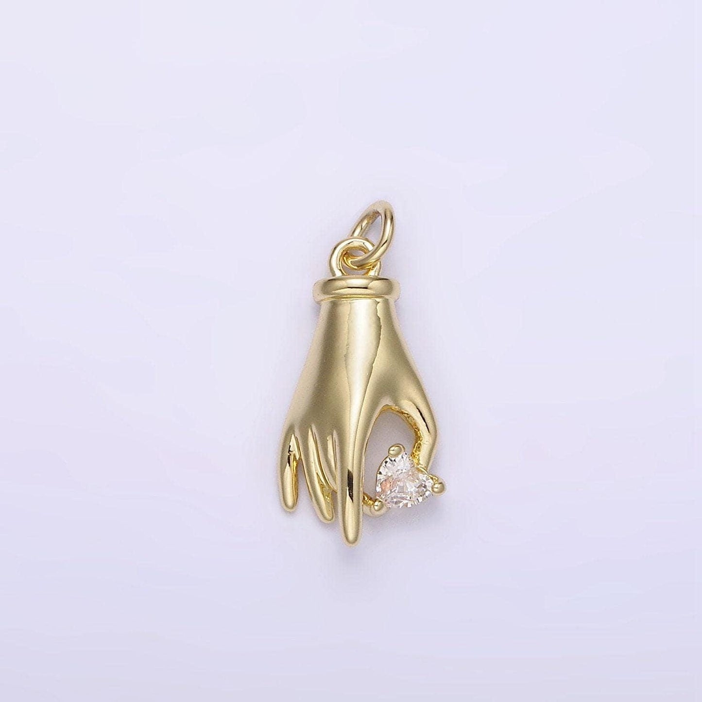 Hand with heart charm mini gold hand charm bracelet necklace dainty gold palm charm with clear red cz stone ag-202